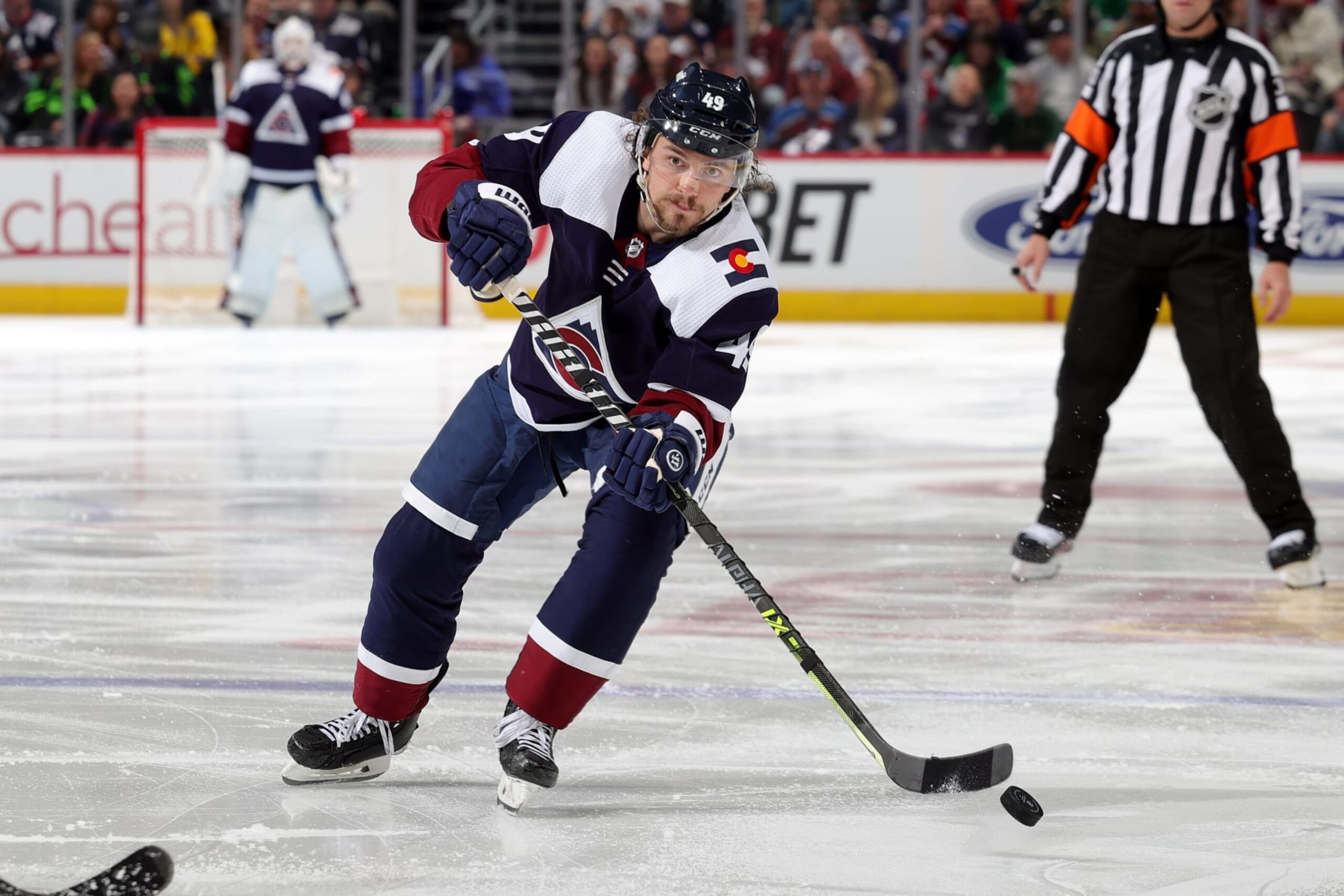 DENVER, COLORADO - APRIL 01: Samuel Girard #49 of the Colorado Avalanche skates against the Dallas Stars at Ball Arena on April 1, 2023 in Denver, Colorado. (Photo by Michael Martin/NHLI via Getty Images)