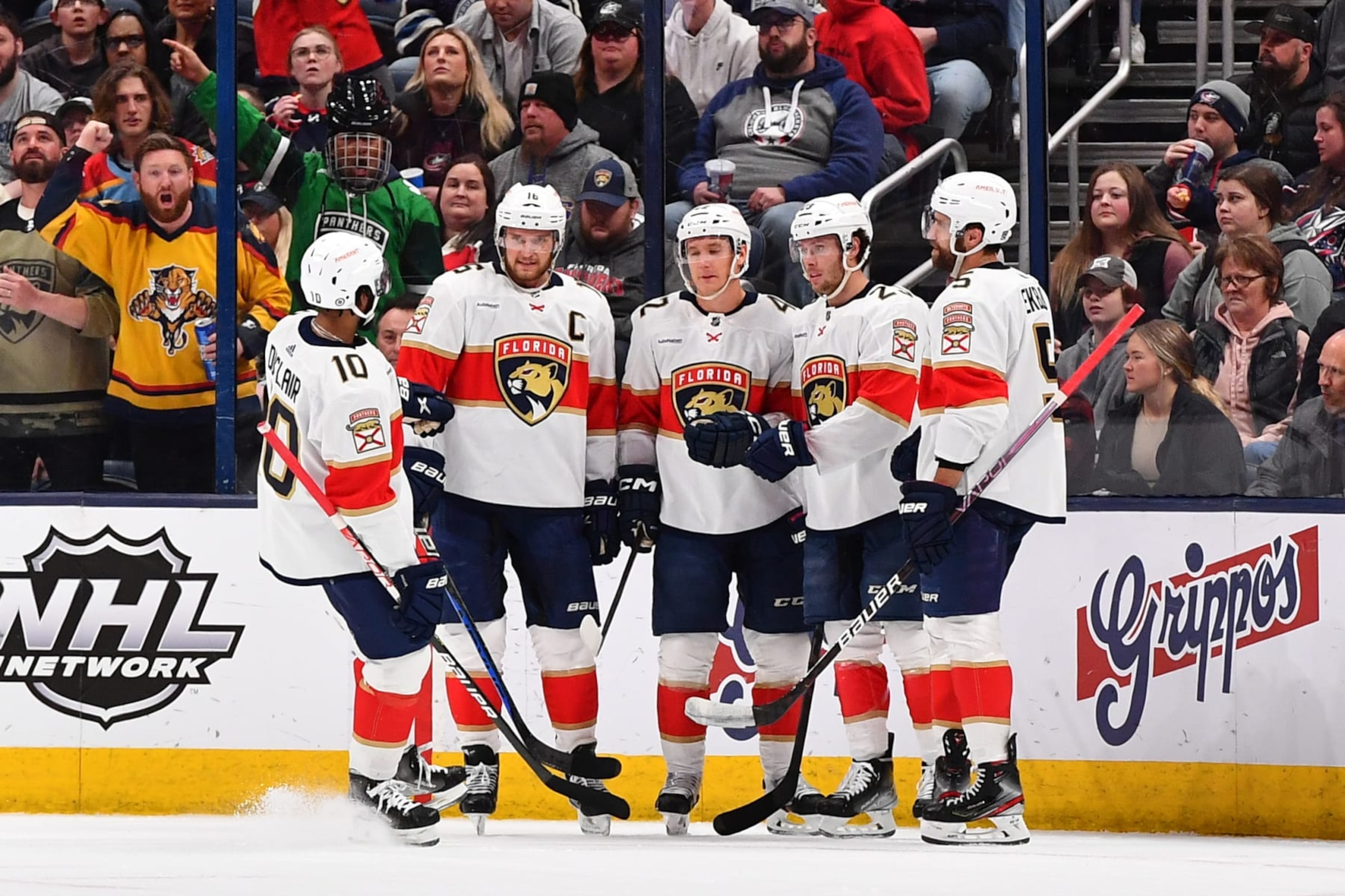 COLUMBUS, OHIO - APRIL 1: Carter Verhaeghe #23 of the Florida Panthers celebrates his first period goal with his teammates during a game against the Columbus Blue Jackets at Nationwide Arena on April 1, 2023 in Columbus, Ohio. (Photo by Ben Jackson/NHLI via Getty Images)