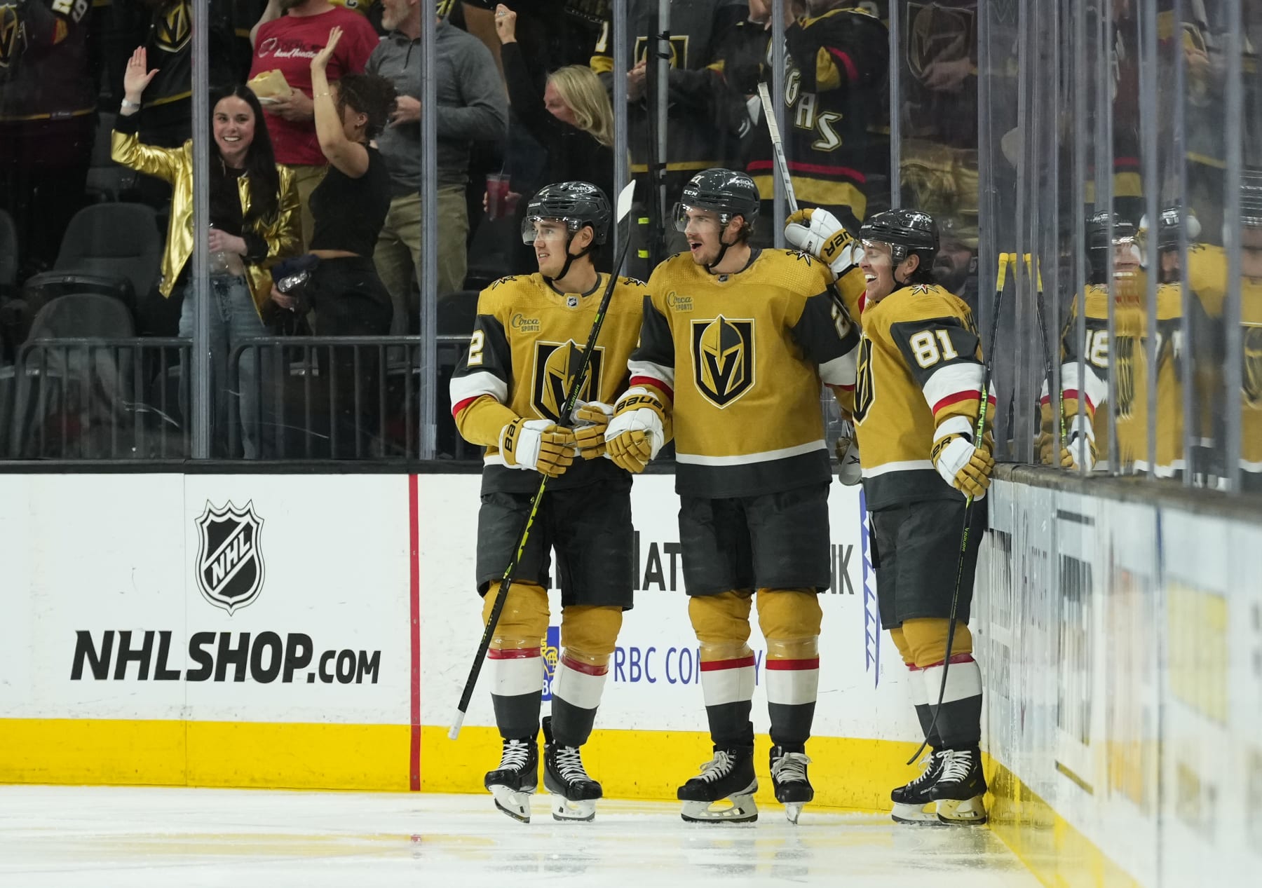 LAS VEGAS, NEVADA - APRIL 01: Brett Howden #21 of the Vegas Golden Knights celebrates with teammates after a goal during the second period against the Minnesota Wild at T-Mobile Arena on April 01, 2023 in Las Vegas, Nevada. (Photo by Jeff Bottari/NHLI via Getty Images)