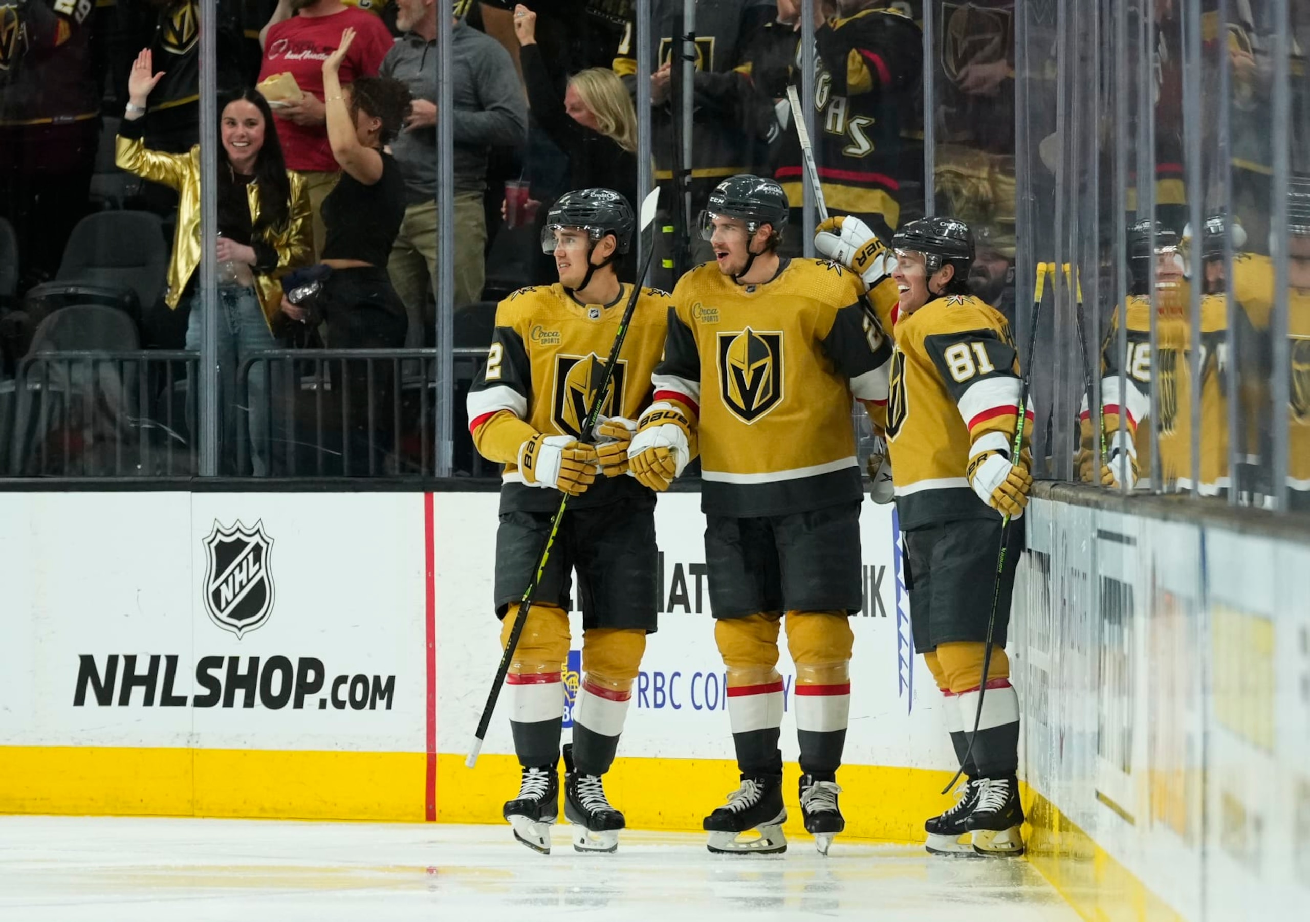 LAS VEGAS, NEVADA - APRIL 01: Brett Howden #21 of the Vegas Golden Knights celebrates with teammates after a goal during the second period against the Minnesota Wild at T-Mobile Arena on April 01, 2023 in Las Vegas, Nevada. (Photo by Jeff Bottari/NHLI via Getty Images)