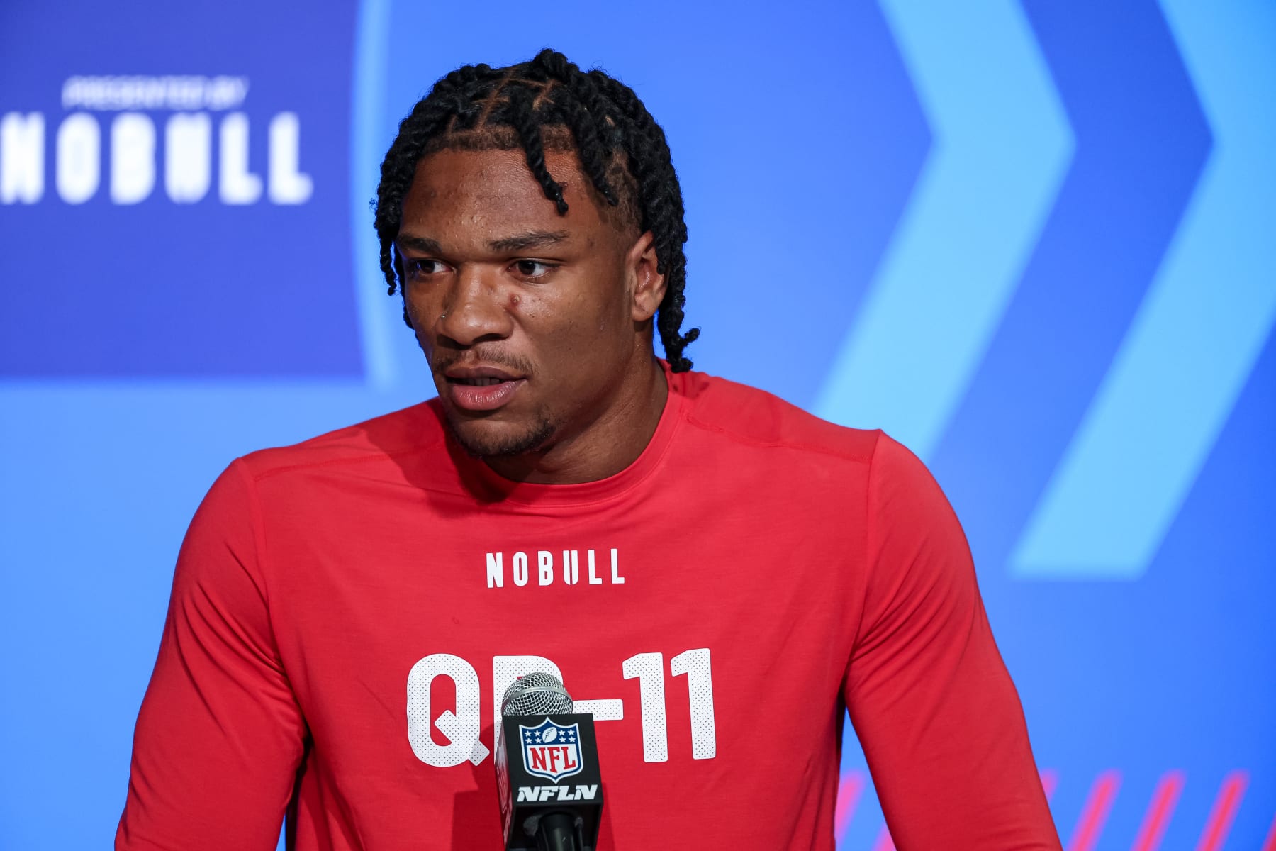 INDIANAPOLIS, IN - MARCH 03: Quarterback Anthony Richardson of Florida speaks to the media during the NFL Combine at Lucas Oil Stadium on March 3, 2023 in Indianapolis, Indiana. (Photo by Michael Hickey/Getty Images)