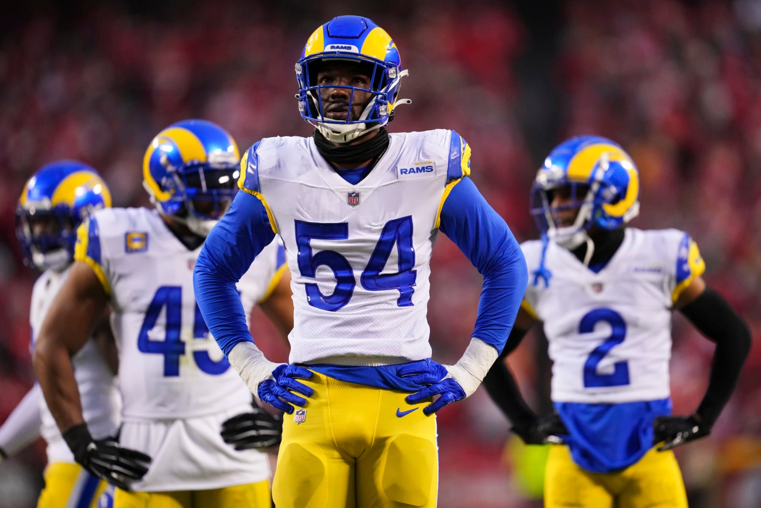 KANSAS CITY, MO - NOVEMBER 27: Leonard Floyd #54 of the Los Angeles Rams gets set against the Kansas City Chiefs at GEHA Field at Arrowhead Stadium on November 27, 2022 in Kansas City, Missouri. (Photo by Cooper Neill/Getty Images)
