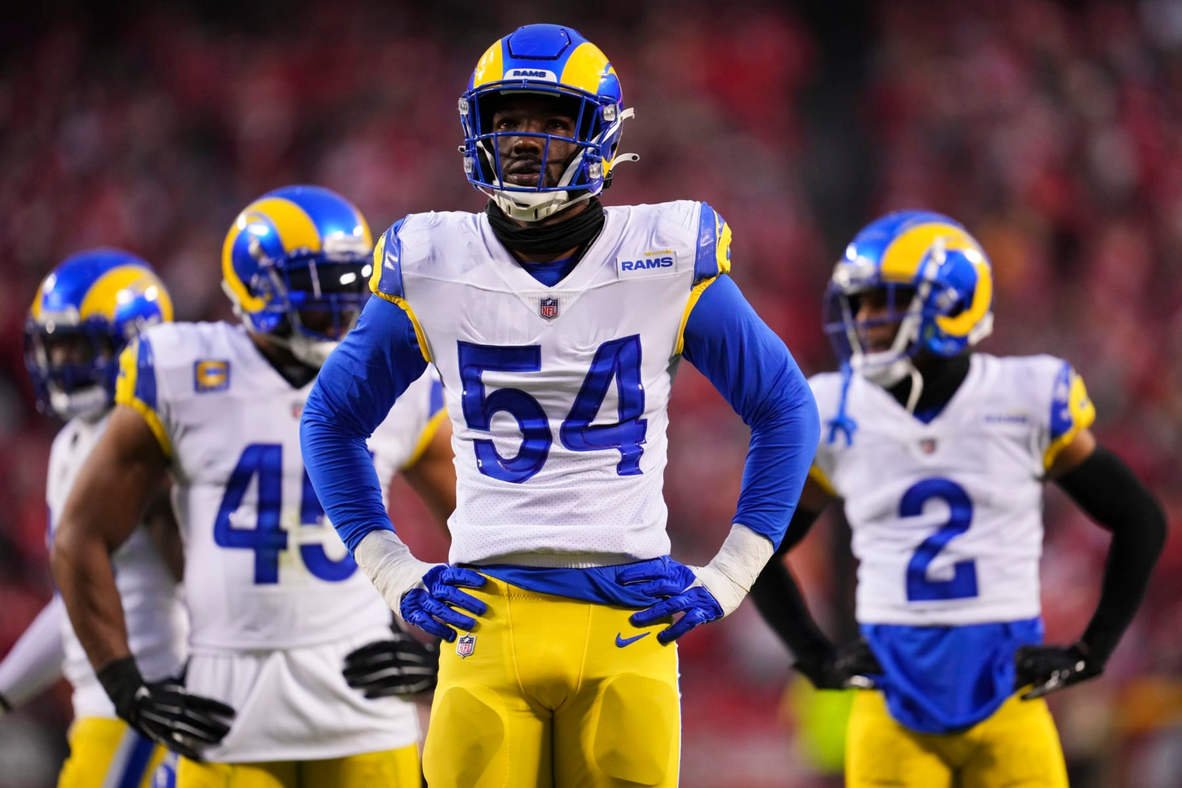 KANSAS CITY, MO - NOVEMBER 27: Leonard Floyd #54 of the Los Angeles Rams gets set against the Kansas City Chiefs at GEHA Field at Arrowhead Stadium on November 27, 2022 in Kansas City, Missouri. (Photo by Cooper Neill/Getty Images)