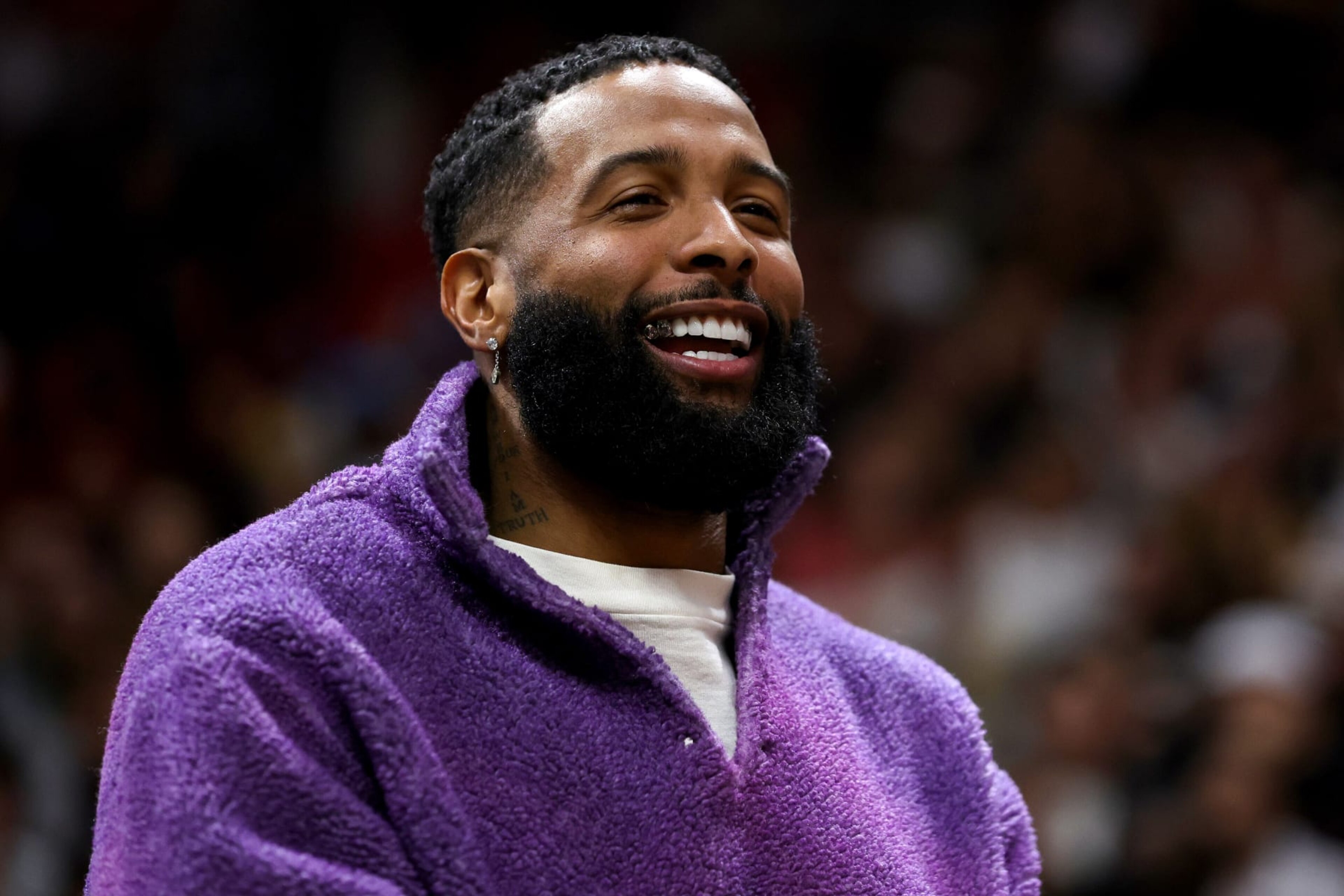 MIAMI, FLORIDA - DECEMBER 28: Odell Beckham Jr. looks on during a game between the Los Angeles Lakers and Miami Heat at FTX Arena on December 28, 2022 in Miami, Florida. NOTE TO USER: User expressly acknowledges and agrees that, by downloading and or using this photograph, User is consenting to the terms and conditions of the Getty Images License Agreement. (Photo by Megan Briggs/Getty Images)