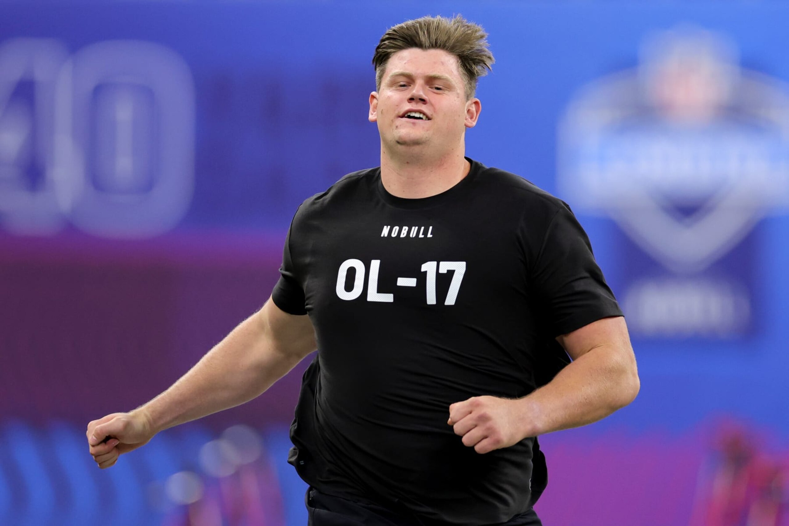 INDIANAPOLIS, INDIANA - MARCH 05: Blake Freeland of Brigham Young participates in the 40-yard dash during the NFL Combine at Lucas Oil Stadium on March 05, 2023 in Indianapolis, Indiana. (Photo by Stacy Revere/Getty Images)