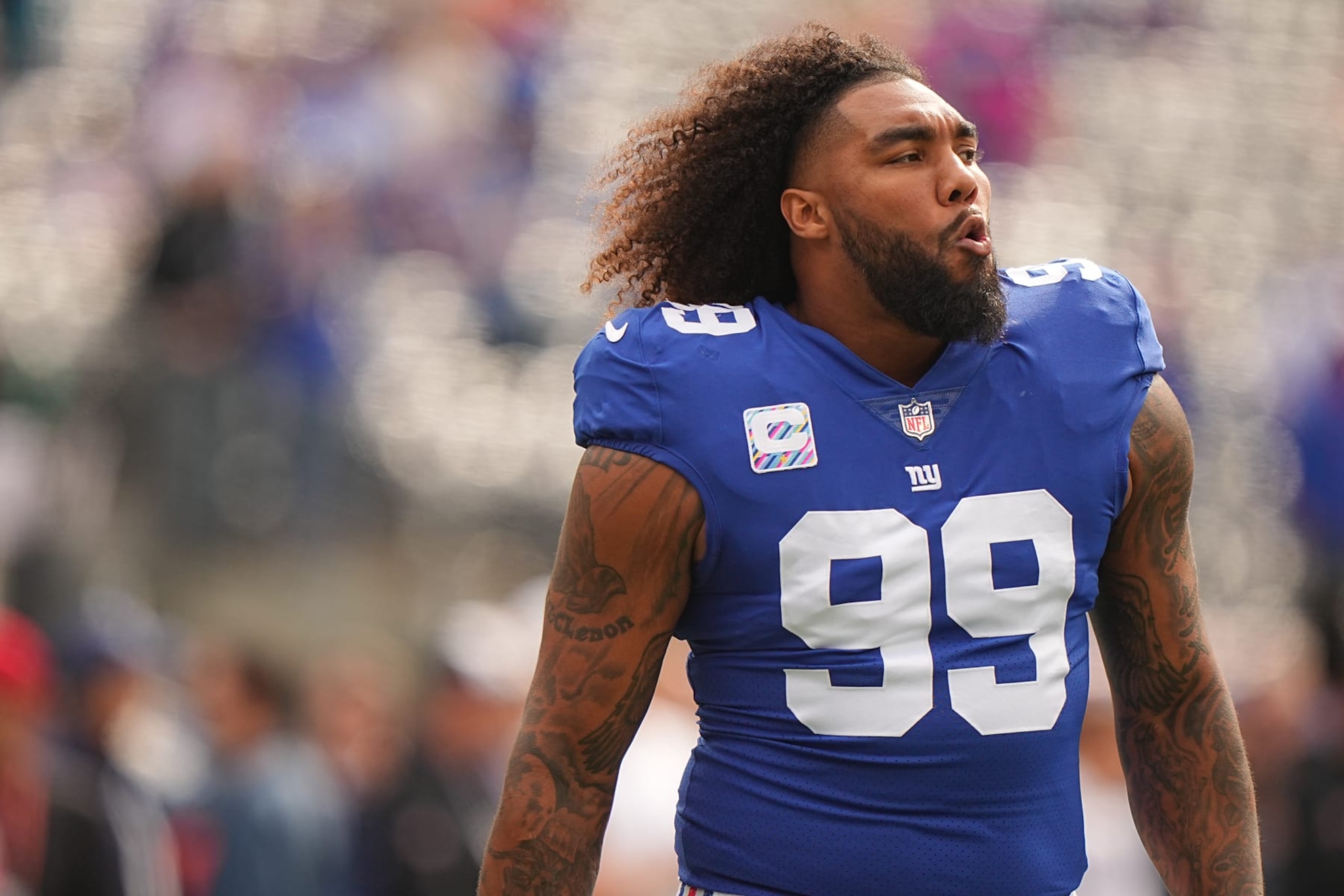 Football: New York Giants Leonard Williams (99) in action, looks on vs. Baltimore Ravens at Met Life Stadium.
East Rutherford, NJ 10/16/2022
CREDIT: Erick W. Rasco (Photo by Erick W. Rasco/Sports Illustrated via Getty Images)
(Set Number: x164204 TK1)