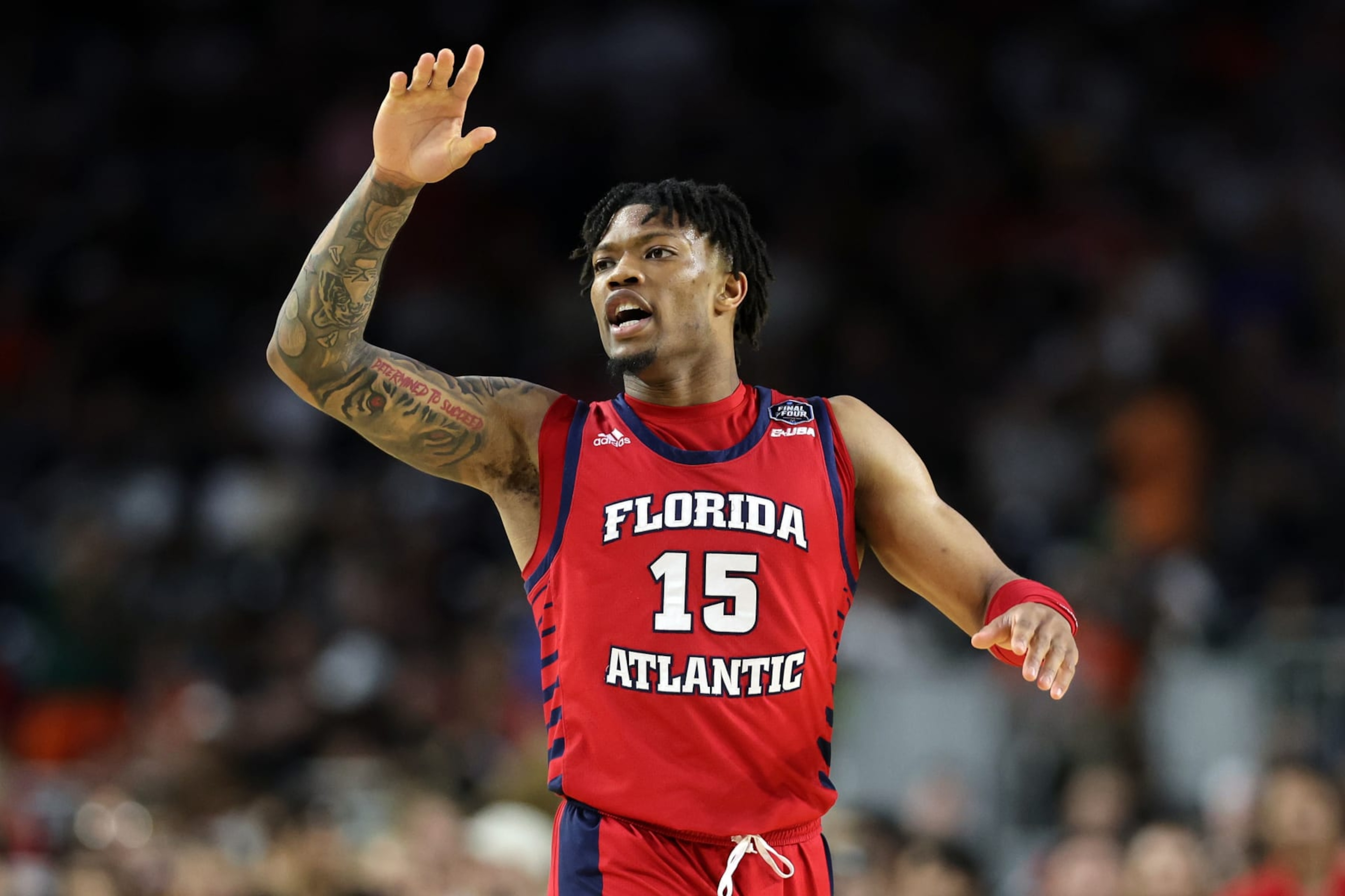 HOUSTON, TEXAS - APRIL 01: Alijah Martin #15 of the Florida Atlantic Owls reacts during the second half against the San Diego State Aztecs during the NCAA Men's Basketball Tournament Final Four semifinal game at NRG Stadium on April 01, 2023 in Houston, Texas. (Photo by Gregory Shamus/Getty Images)