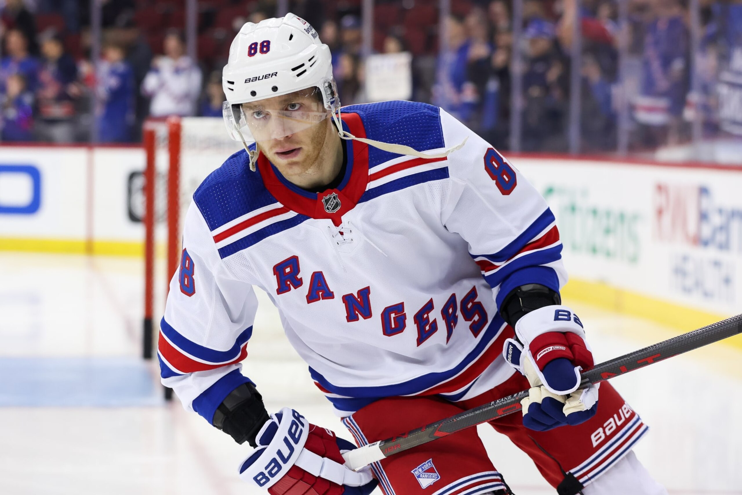 NEWARK, NJ - MARCH 30: New York Rangers right wing Patrick Kane (88) warms up prior to the National Hockey League game between the New York Rangers and the New Jersey Devils on March 30, 2023 at Prudential Center in Newark, NJ. (Photo by Andrew Mordzynski/Icon Sportswire via Getty Images)