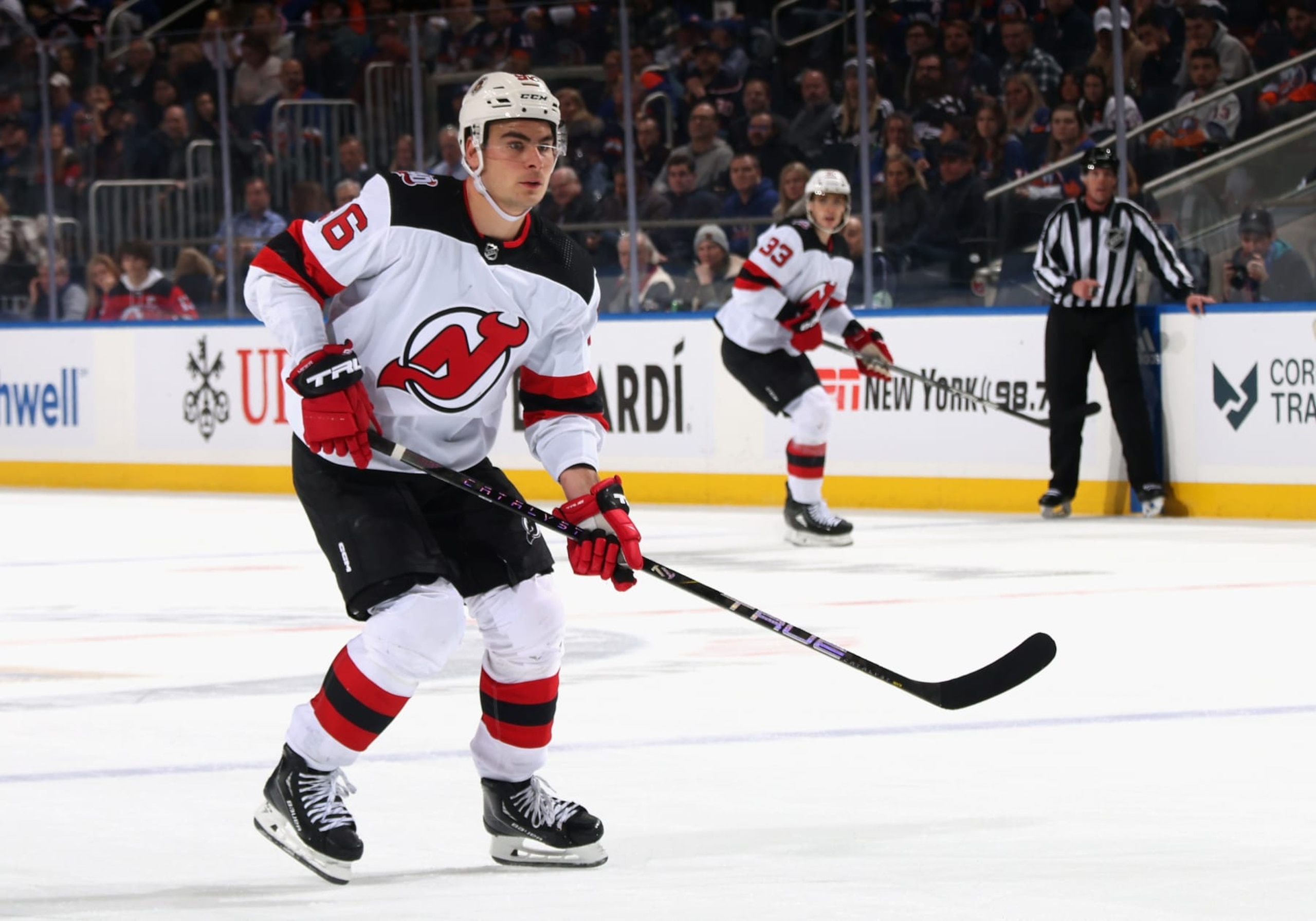 ELMONT, NEW YORK - MARCH 27: Timo Meier #96 of the New Jersey Devils skates against the New York Islanders at the UBS Arena on March 27, 2023 in Elmont, New York. (Photo by Bruce Bennett/Getty Images)