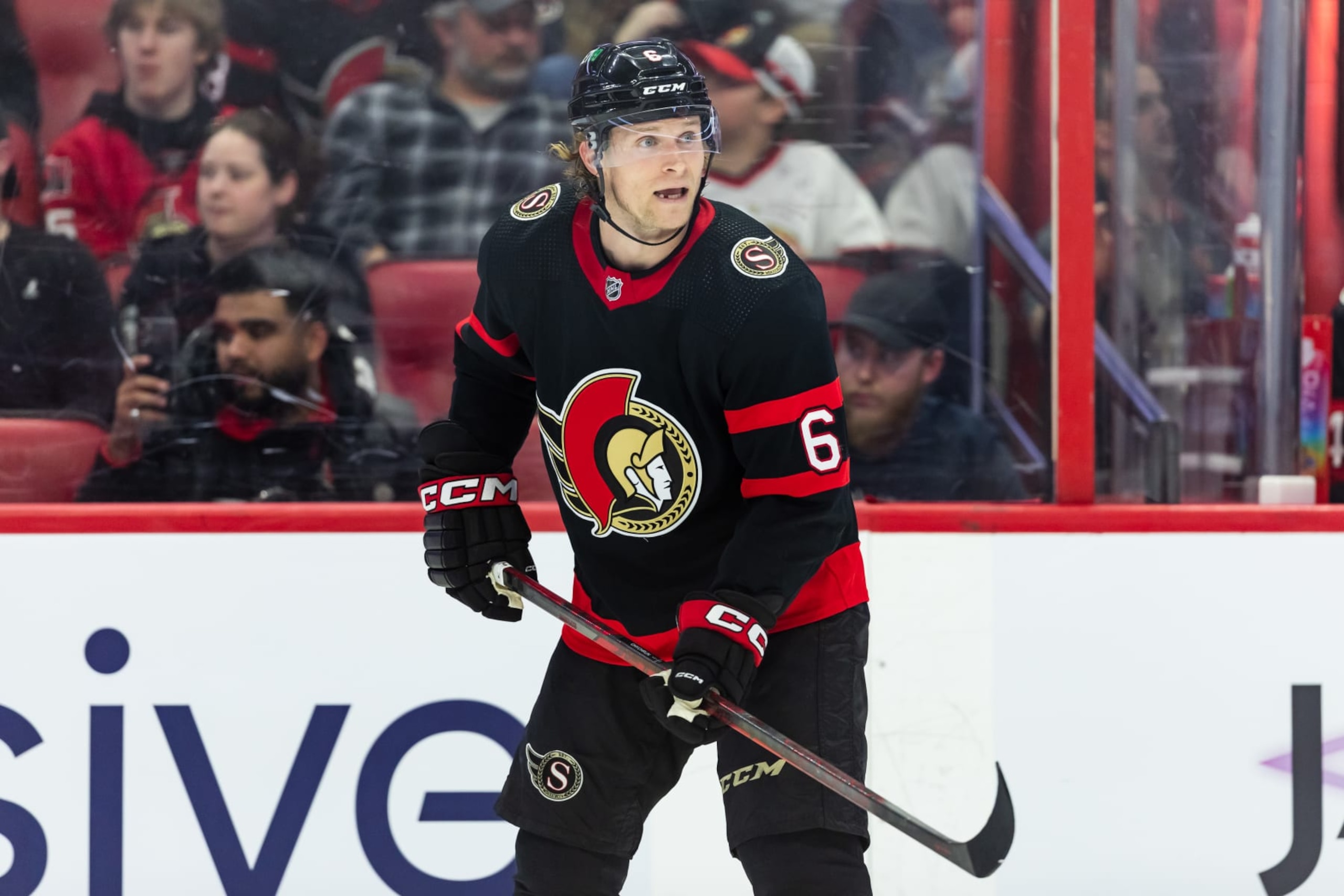 OTTAWA, ON - MARCH 23: Ottawa Senators Defenceman Jakob Chychrun (6) before a face-off during second period National Hockey League action between the Tampa Bay Lightning and Ottawa Senators on March 23, 2023, at Canadian Tire Centre in Ottawa, ON, Canada. (Photo by Richard A. Whittaker/Icon Sportswire via Getty Images)