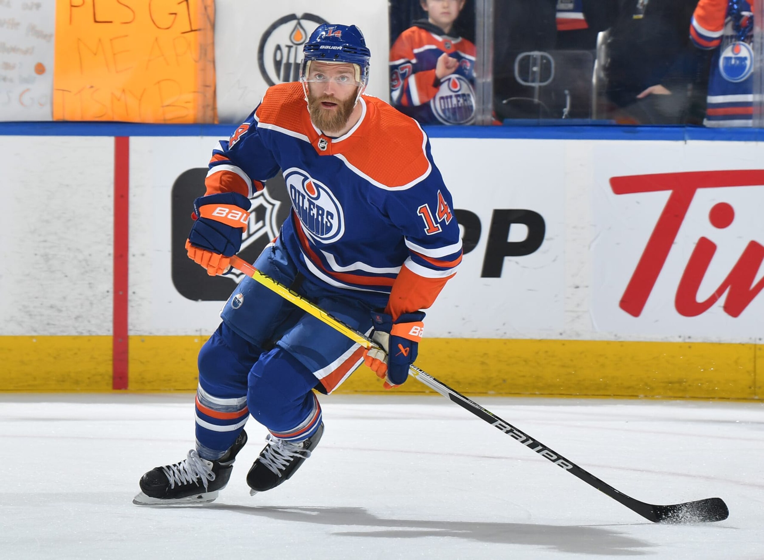 EDMONTON, CANADA - APRIL 01: Mattias Ekholm #14 of the Edmonton Oilers warms up before the game against the Anaheim Ducks on April 1, 2023 at Rogers Place in Edmonton, Alberta, Canada. (Photo by Andy Devlin/NHLI via Getty Images)