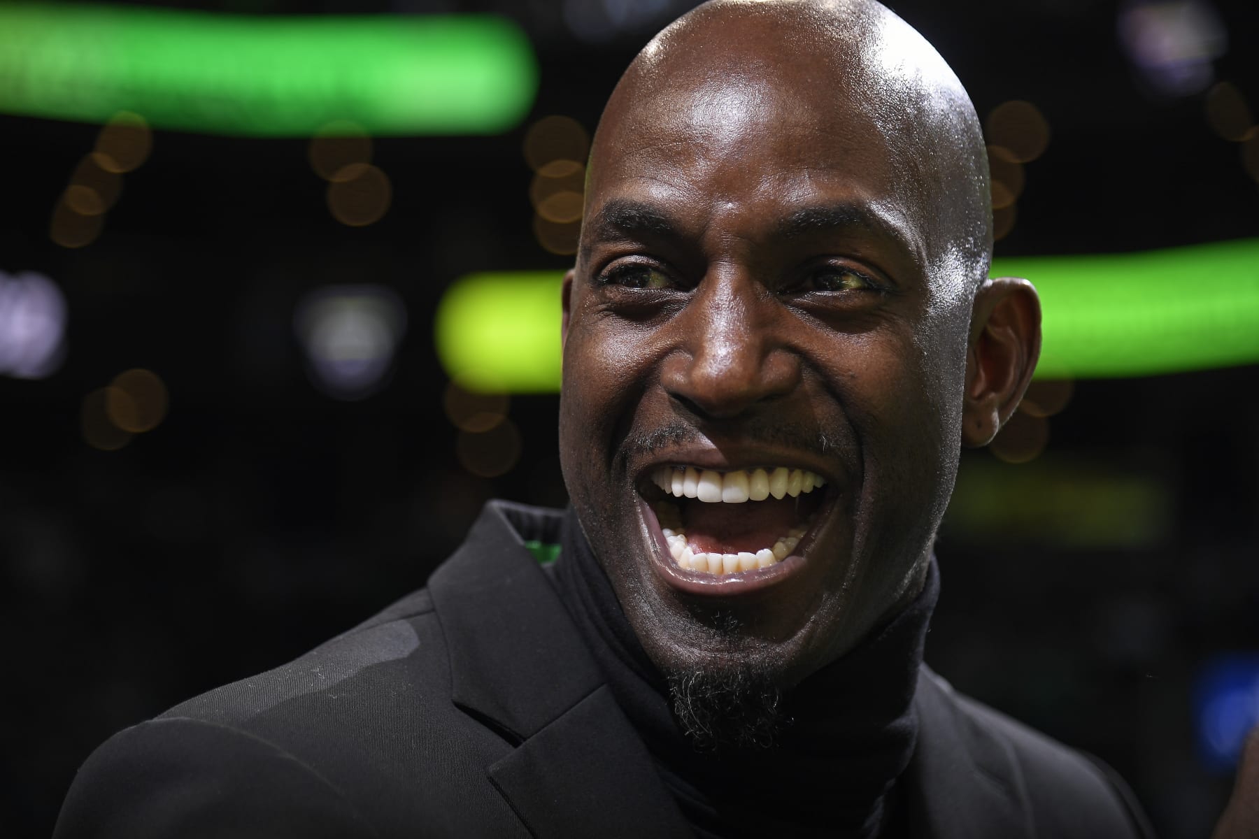BOSTON, MA - MARCH 13: Former Boston Celtics player, Kevin Garnett smiles during his number retirement ceremony on March 13, 2022 at the TD Garden in Boston, Massachusetts.  NOTE TO USER: User expressly acknowledges and agrees that, by downloading and or using this photograph, User is consenting to the terms and conditions of the Getty Images License Agreement. Mandatory Copyright Notice: Copyright 2022 NBAE  (Photo by Brian Babineau/NBAE via Getty Images)
