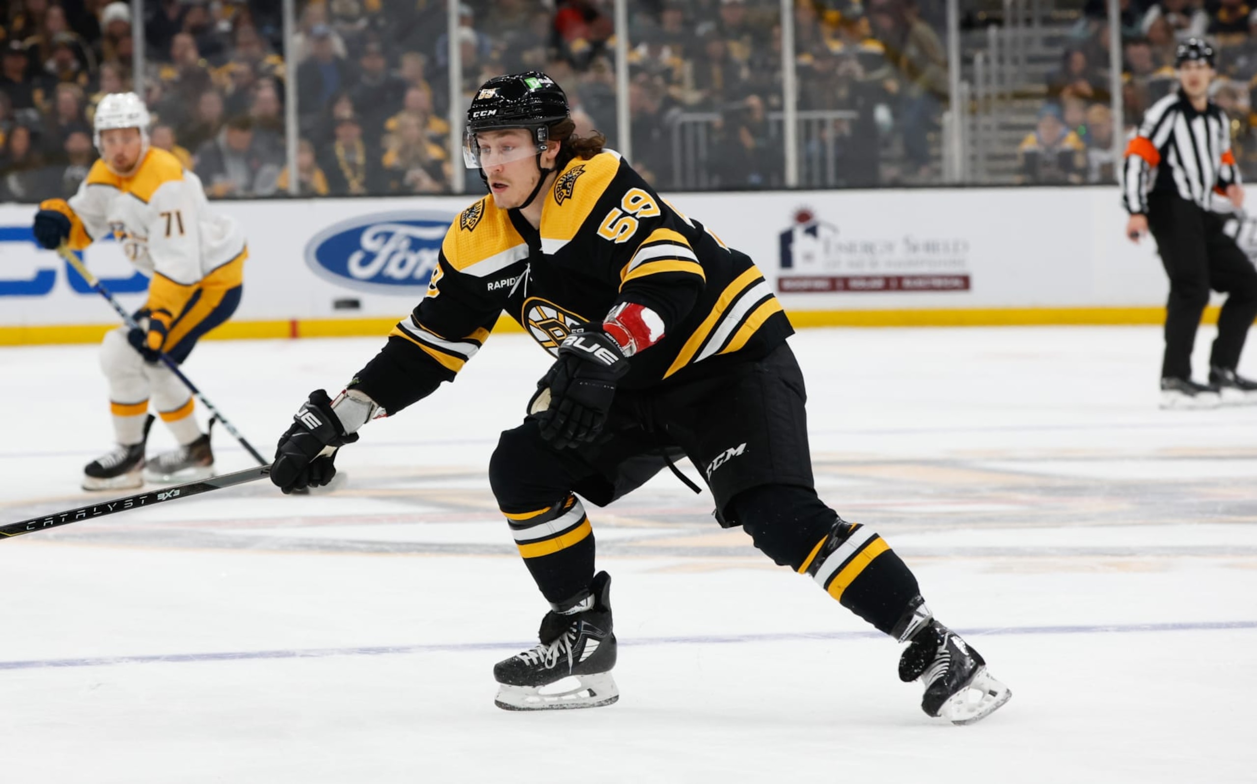 BOSTON, MA - MARCH 28: Tyler Bertuzzi #59 of the Boston Bruins skates against the Nashville Predators during the first period at the TD Garden on March 28, 2023 in Boston, Massachusetts. The Predators won 2-1. (Photo by Richard T Gagnon/Getty Images)