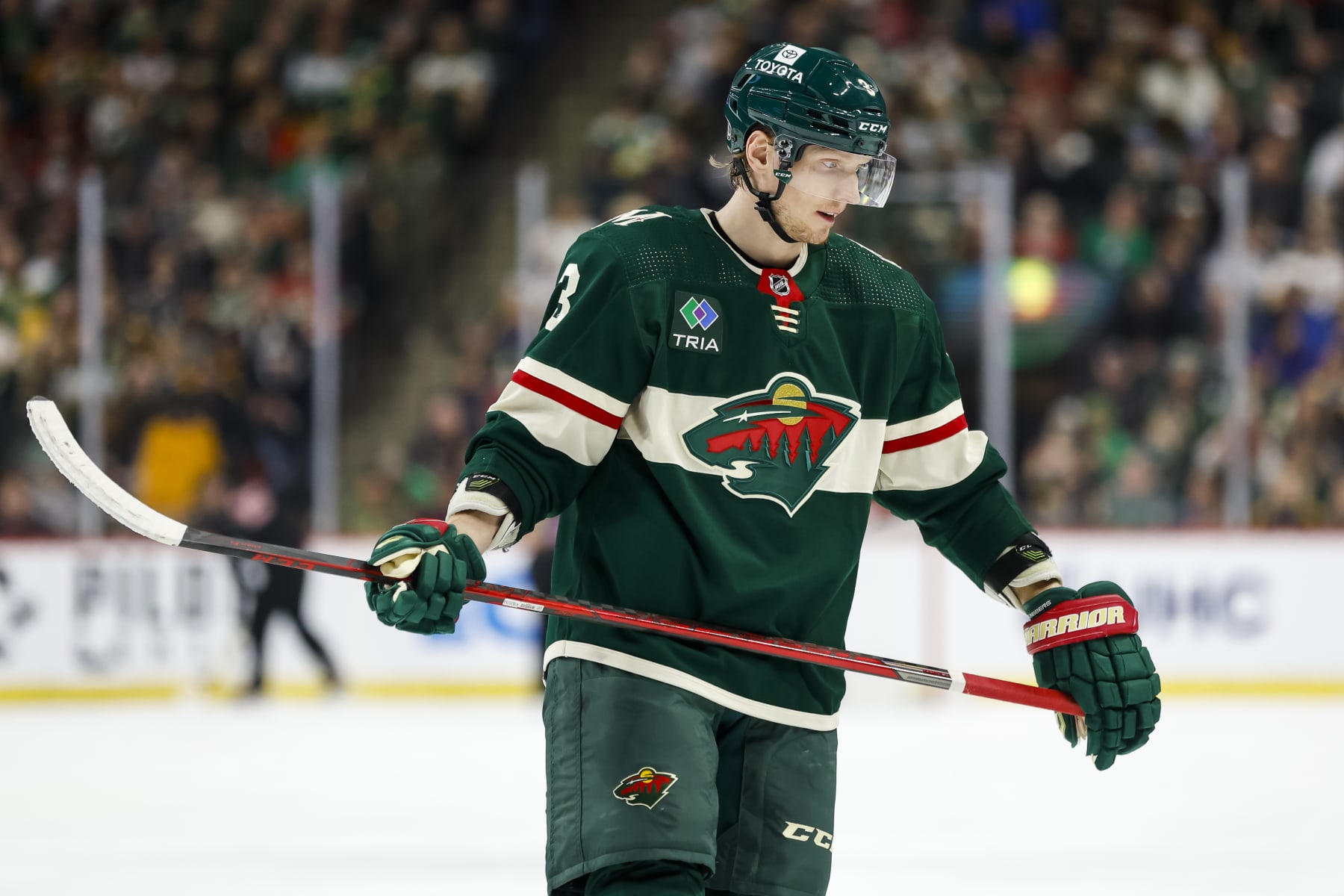 ST PAUL, MN - MARCH 18: John Klingberg #3 of the Minnesota Wild looks on against the Boston Bruins in the first period of the game at Xcel Energy Center on March 18, 2023 in St Paul, Minnesota. The Bruins defeated the Wild 5-2. (Photo by David Berding/Getty Images)