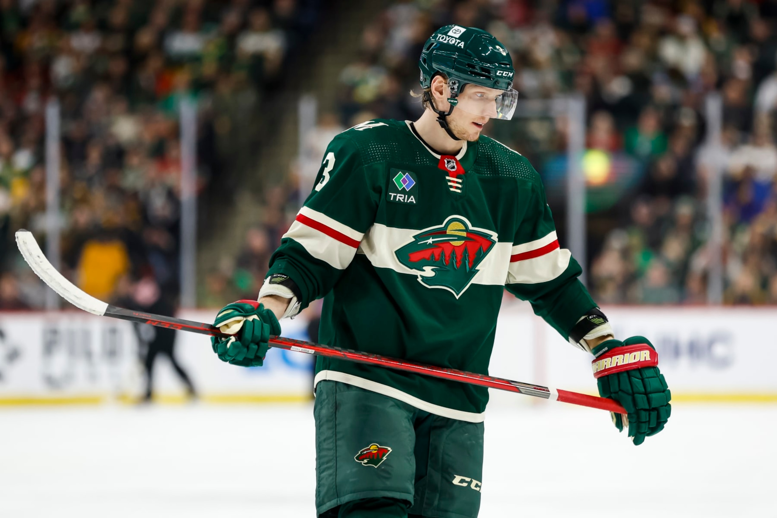 ST PAUL, MN - MARCH 18: John Klingberg #3 of the Minnesota Wild looks on against the Boston Bruins in the first period of the game at Xcel Energy Center on March 18, 2023 in St Paul, Minnesota. The Bruins defeated the Wild 5-2. (Photo by David Berding/Getty Images)