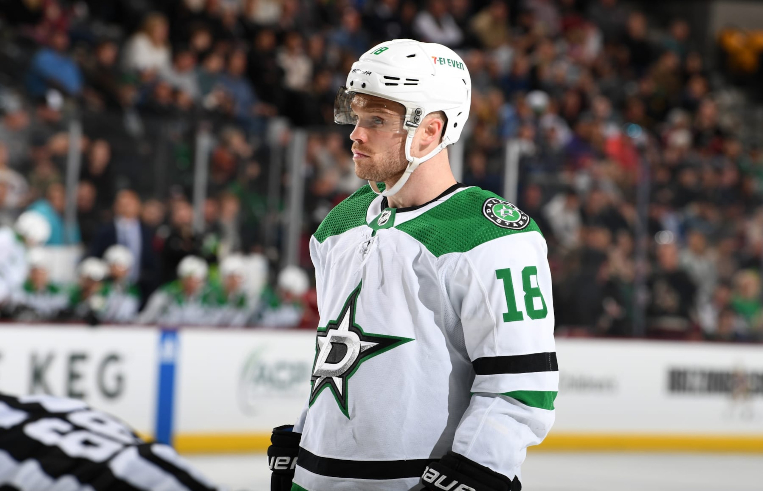 TEMPE, ARIZONA - MARCH 31: Max Domi #18 of the Dallas Stars gets ready to take a face off against the Arizona Coyotes at Mullett Arena on March 31, 2023 in Tempe, Arizona. (Photo by Norm Hall/NHLI via Getty Images)