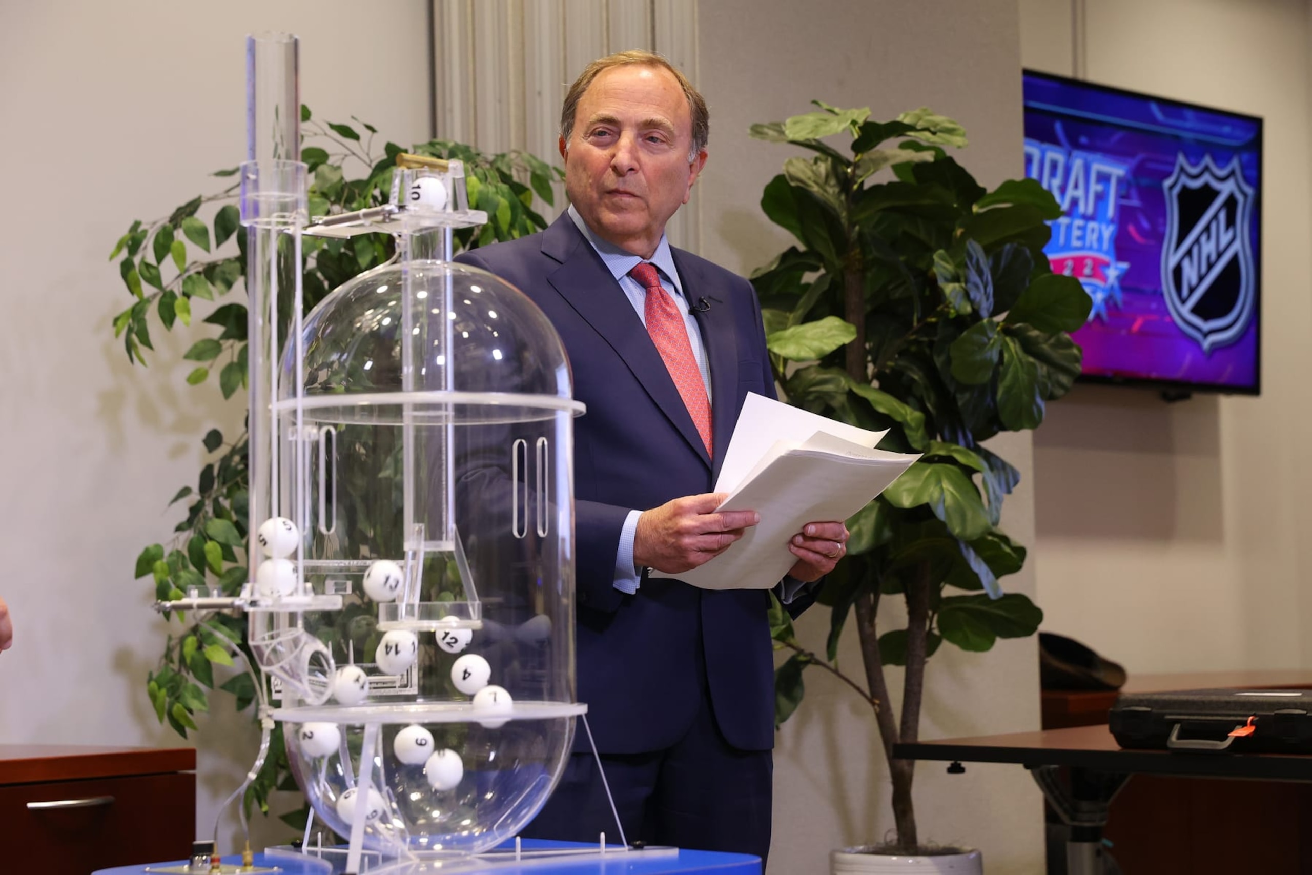 SECAUCUS, NEW JERSEY - MAY 10: Commissioner of the National Hockey League Gary Bettman presides over the 2022 NHL Draft Lottery on May 10, 2022 at the NHL Network's studio in Secaucus, New Jersey. (Photo by Mike Stobe/NHLI via Getty Images)