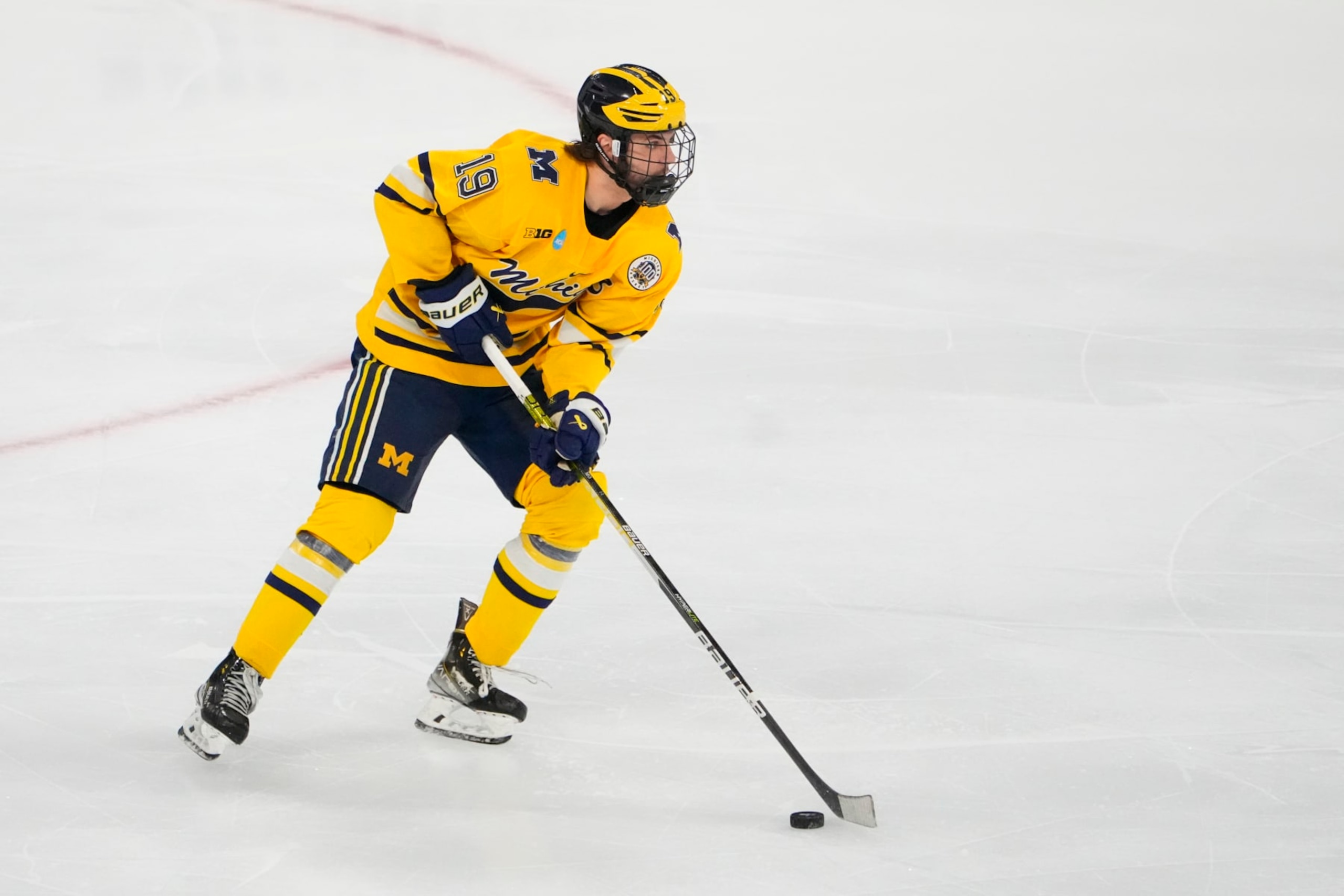 ALLENTOWN, PA - MARCH 26: Michigan Wolverines Forward Adam Fantilli (19) skates with the puck during the first period of the 2023 NCAA Division I Mens Ice Hockey Regional Final between the Penn State Nittany Lions and the Michigan Wolverines on March 26, 2023, at the PPL Center in Allentown, PA. (Photo by Gregory Fisher/Icon Sportswire via Getty Images)