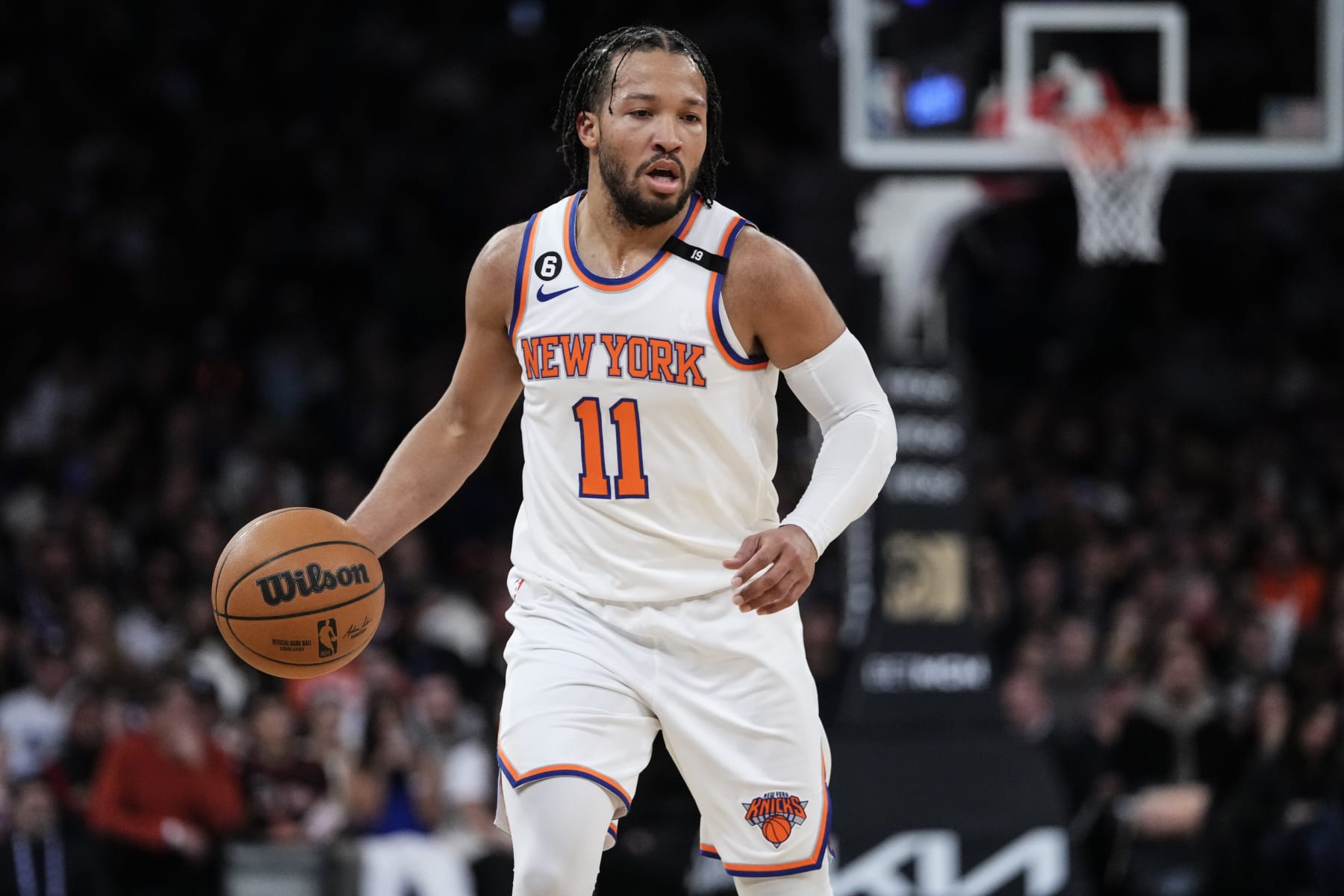 New York Knicks' Jalen Brunson (11) looks to pass during the first half of an NBA basketball game against the Washington Wizards Sunday, April 2, 2023, in New York. (AP Photo/Frank Franklin II)