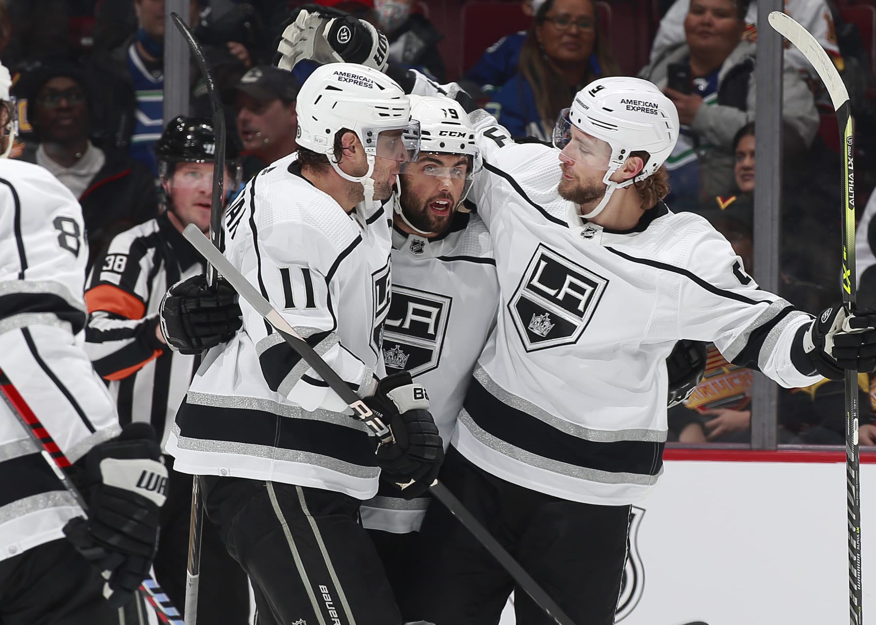 VANCOUVER, CANADA - APRIL 2: Alex Iafallo #19 of the Los Angeles Kings celebrates his goal with teammates during the first period of their NHL game against the Vancouver Canucks at Rogers Arena April 2, 2023 in Vancouver, British Columbia, Canada.  (Photo by Jeff Vinnick/NHLI via Getty Images)