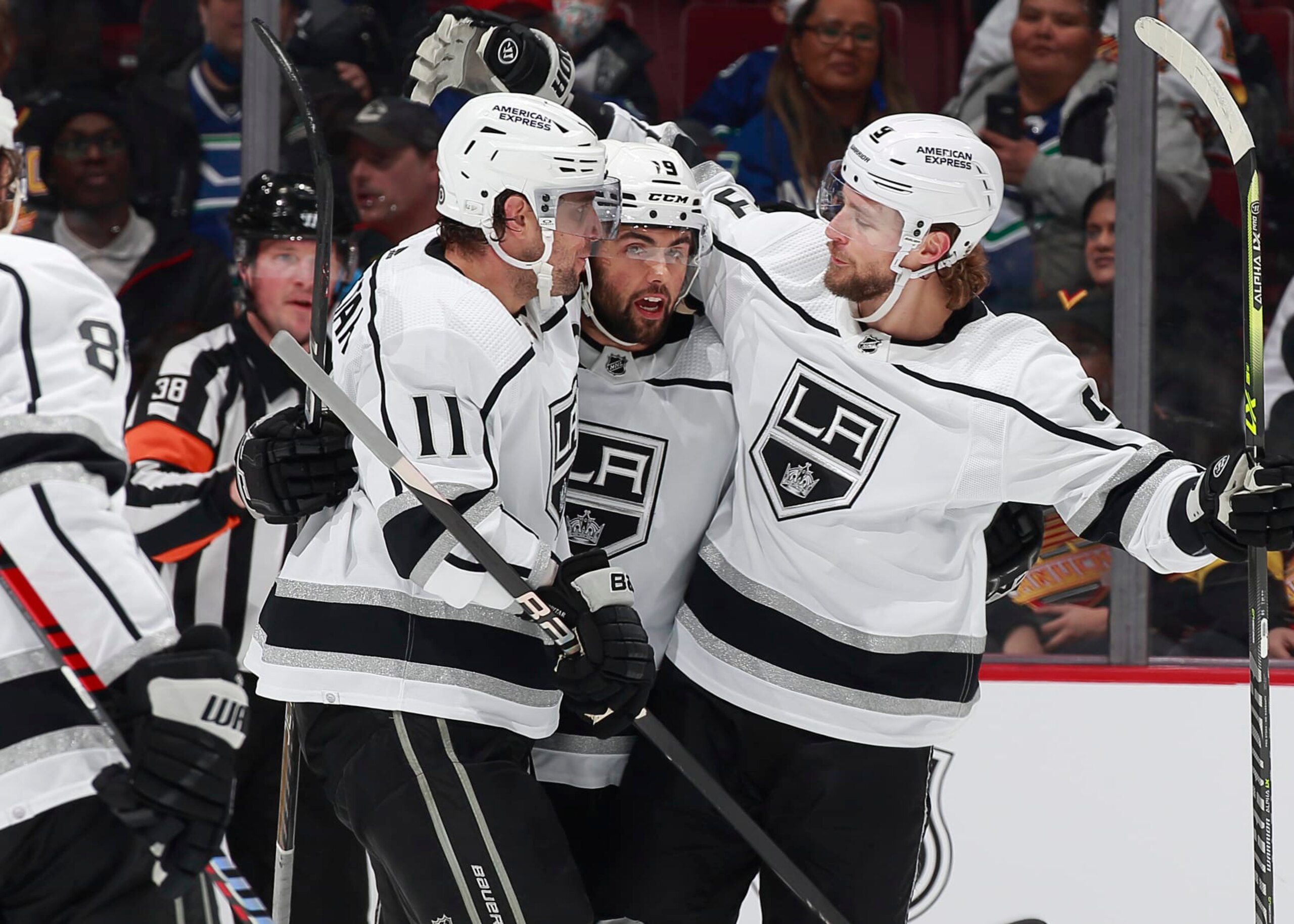 VANCOUVER, CANADA - APRIL 2: Alex Iafallo #19 of the Los Angeles Kings celebrates his goal with teammates during the first period of their NHL game against the Vancouver Canucks at Rogers Arena April 2, 2023 in Vancouver, British Columbia, Canada.  (Photo by Jeff Vinnick/NHLI via Getty Images)