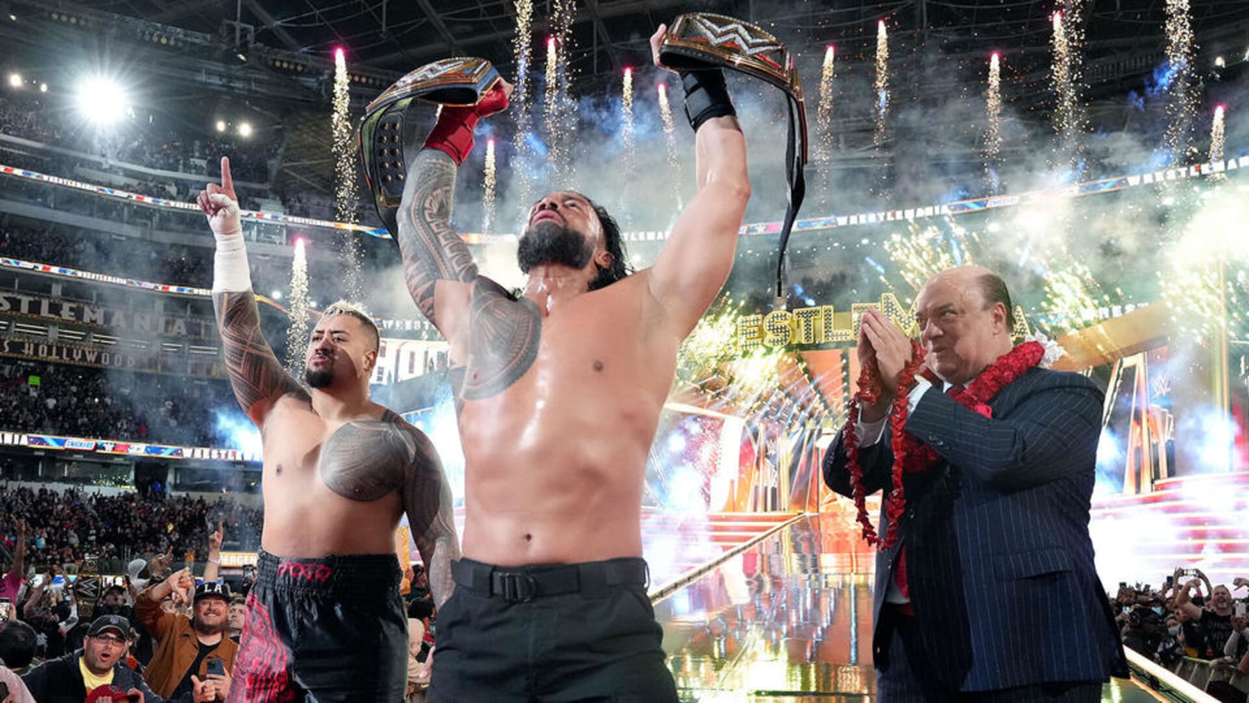 Roman Reigns at WrestleMania 39 with Solo Sikoa and Paul Heyman.