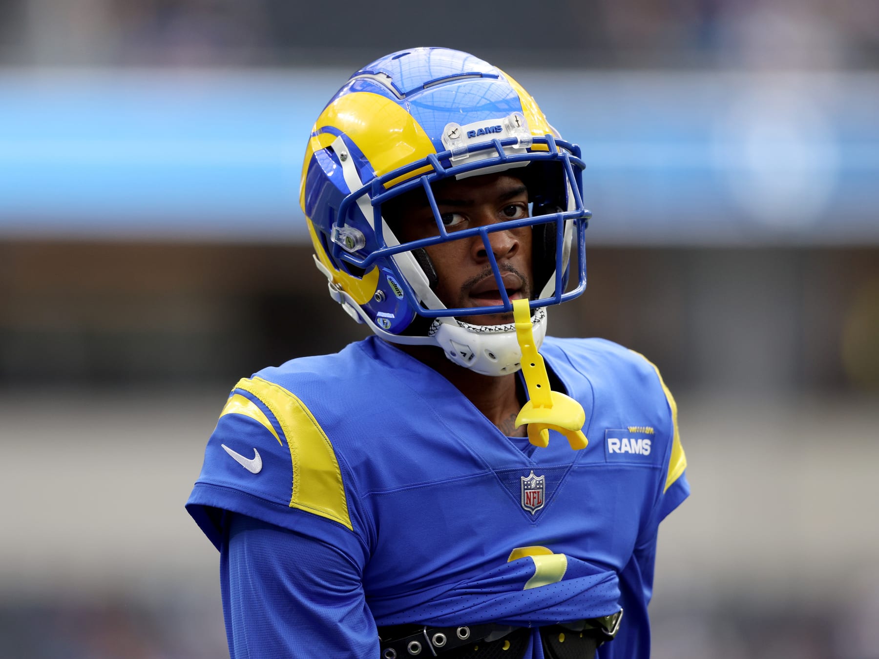 INGLEWOOD, CALIFORNIA - OCTOBER 16: Allen Robinson II #1 of the Los Angeles Rams during warm up before the game against the Carolina Panthers at SoFi Stadium on October 16, 2022 in Inglewood, California. (Photo by Harry How/Getty Images)