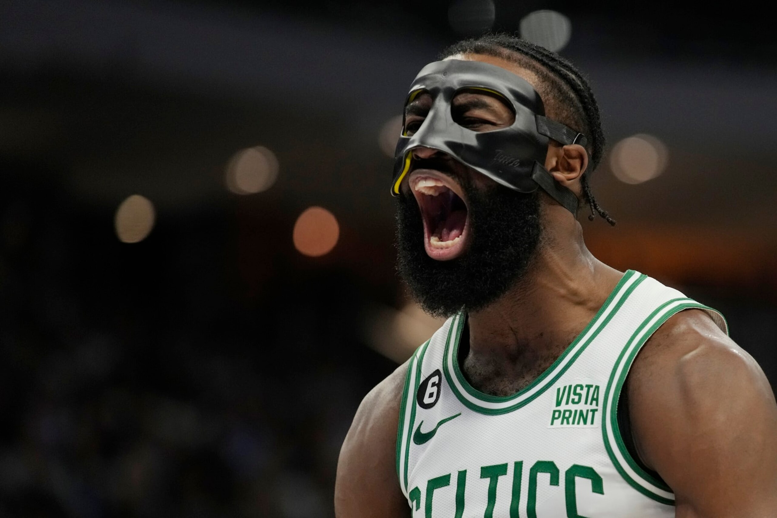 MILWAUKEE, WISCONSIN - MARCH 30: Jaylen Brown #7 of the Boston Celtics reacts after making a basket against the Milwaukee Bucks in the second half at Fiserv Forum on March 30, 2023 in Milwaukee, Wisconsin. NOTE TO USER: User expressly acknowledges and agrees that, by downloading and or using this photograph, user is consenting to the terms and conditions of the Getty Images License Agreement. (Photo by Patrick McDermott/Getty Images)