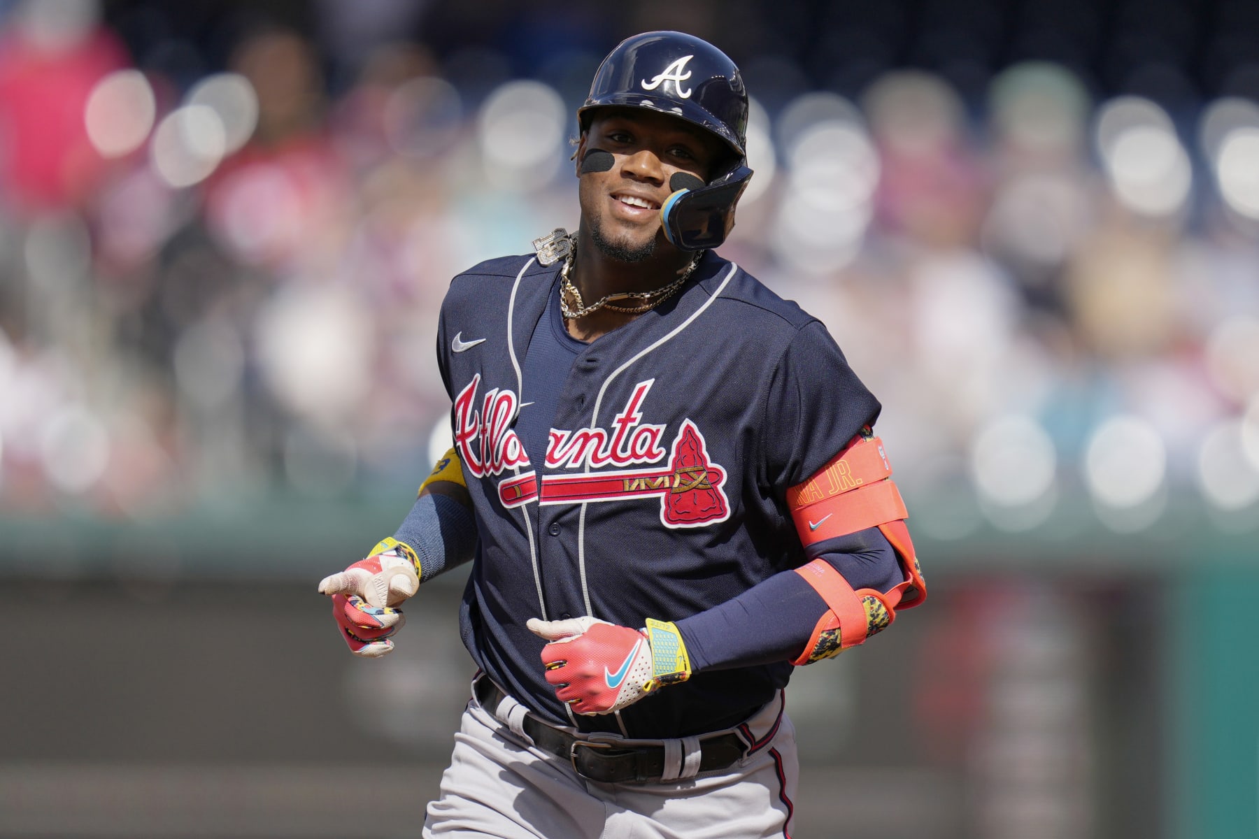 WASHINGTON, DC - APRIL 01: Ronald Acuna Jr. #13 of the Atlanta Braves rounds the bases after hitting a home run against the Washington Nationals during the first inning at Nationals Park on April 01, 2023 in Washington, DC. (Photo by Jess Rapfogel/Getty Images)