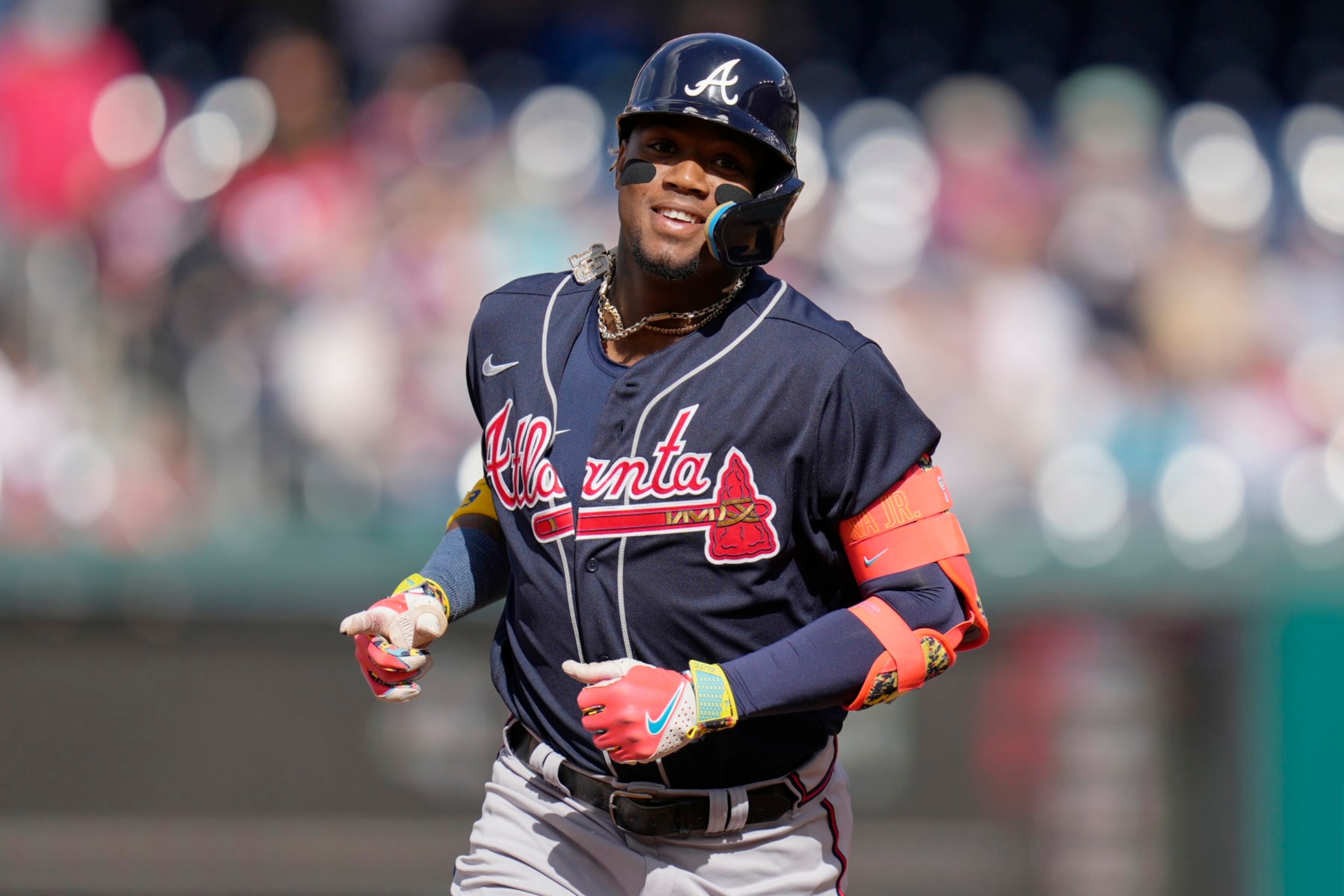 WASHINGTON, DC - APRIL 01: Ronald Acuna Jr. #13 of the Atlanta Braves rounds the bases after hitting a home run against the Washington Nationals during the first inning at Nationals Park on April 01, 2023 in Washington, DC. (Photo by Jess Rapfogel/Getty Images)