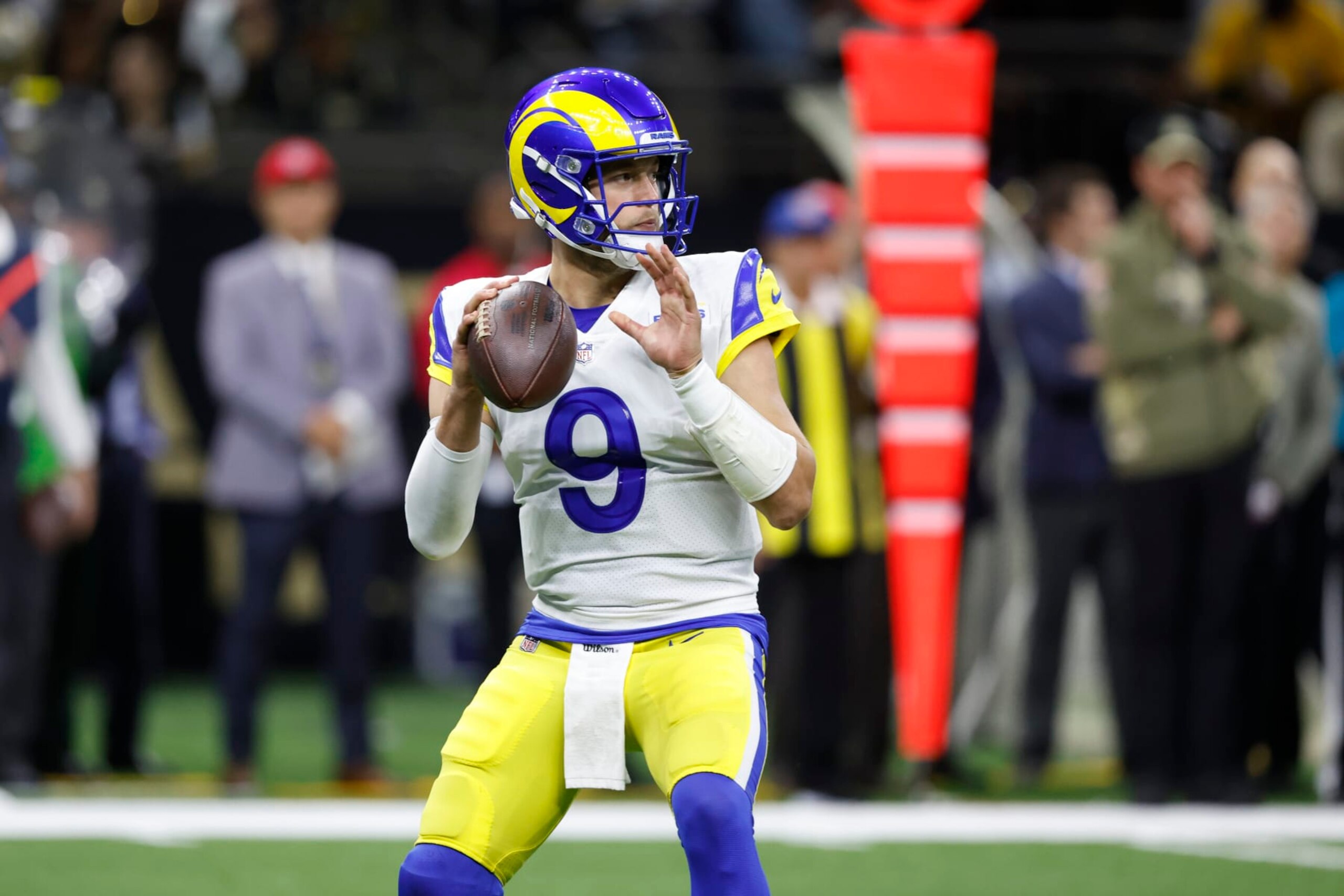 Los Angeles Rams quarterback Matthew Stafford passes against the New Orleans Saints in the second half of an NFL football game in New Orleans, Sunday, Nov. 20, 2022. (AP Photo/Butch Dill)