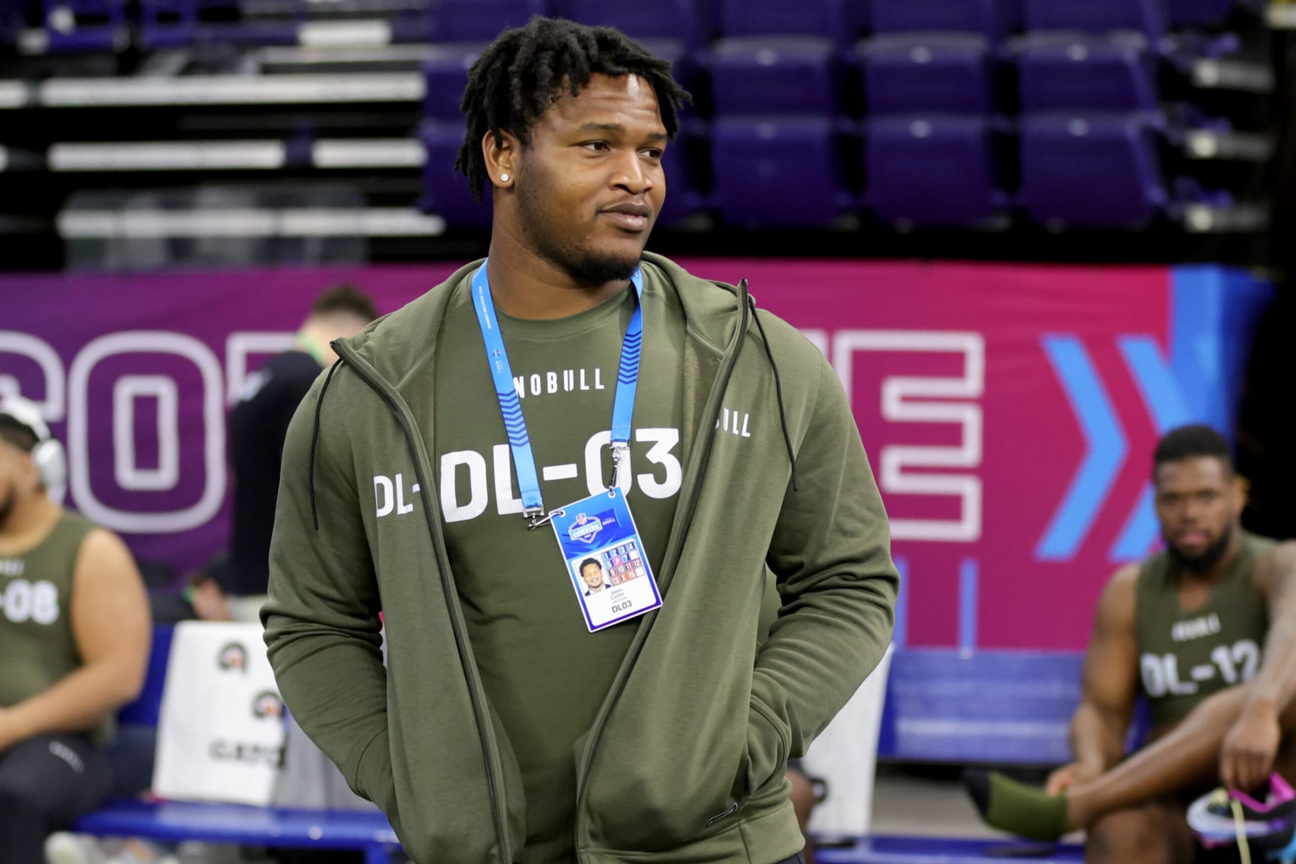 INDIANAPOLIS, INDIANA - MARCH 02: Jalen Carter of Georgia looks on during the NFL Combine at Lucas Oil Stadium on March 02, 2023 in Indianapolis, Indiana. (Photo by Stacy Revere/Getty Images)