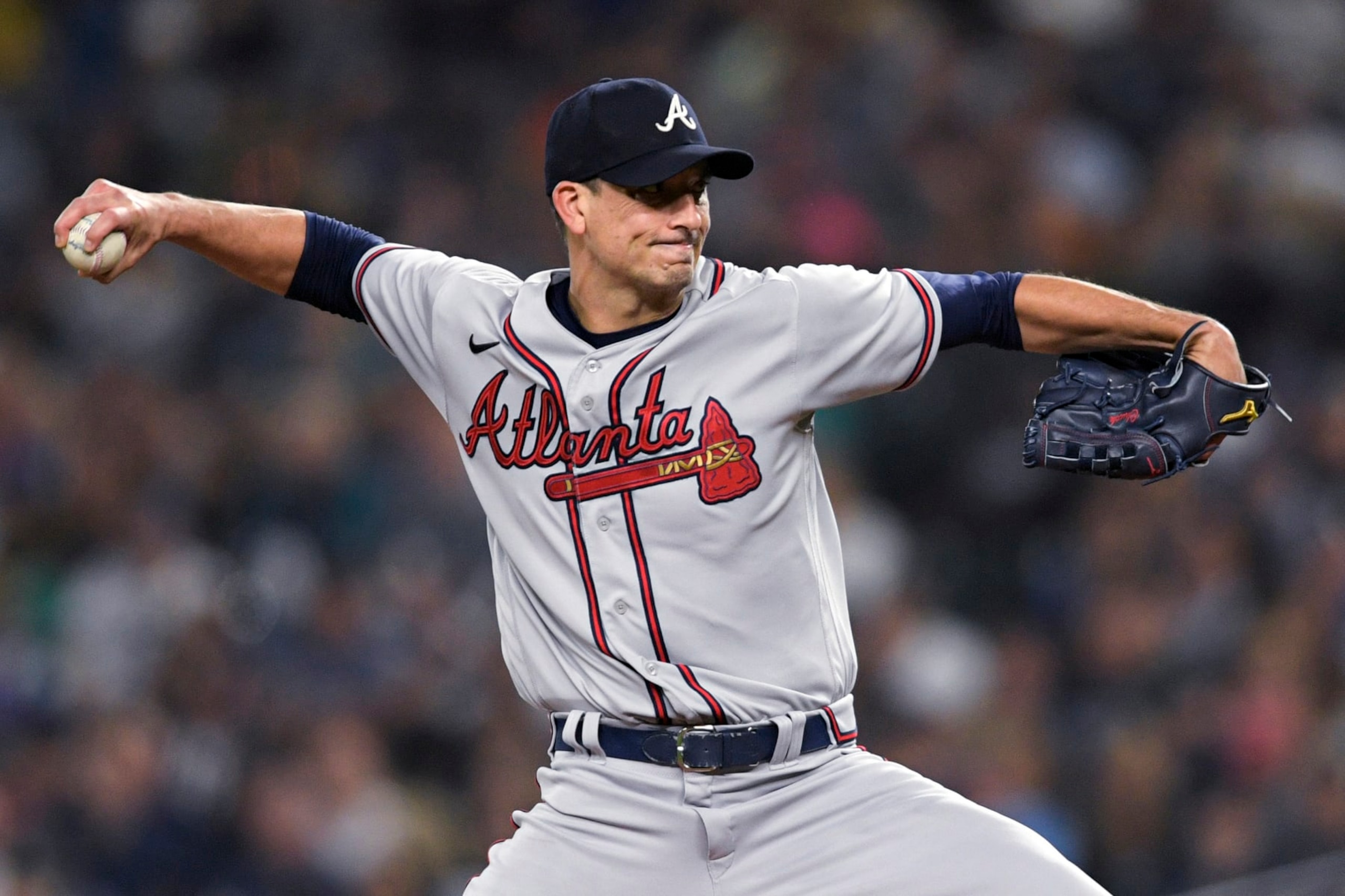 Atlanta Braves starting pitcher Charlie Morton throws during the seventh inning of the team's baseball game against the Seattle Mariners, Friday, Sept. 9, 2022, in Seattle. (AP Photo/Caean Couto) Atlanta Braves starting pitcher Charlie Morton throws during the seventh inning of the team's baseball game against the Seattle Mariners, Friday, Sept. 9, 2022, in Seattle. (AP Photo/Caean Couto)