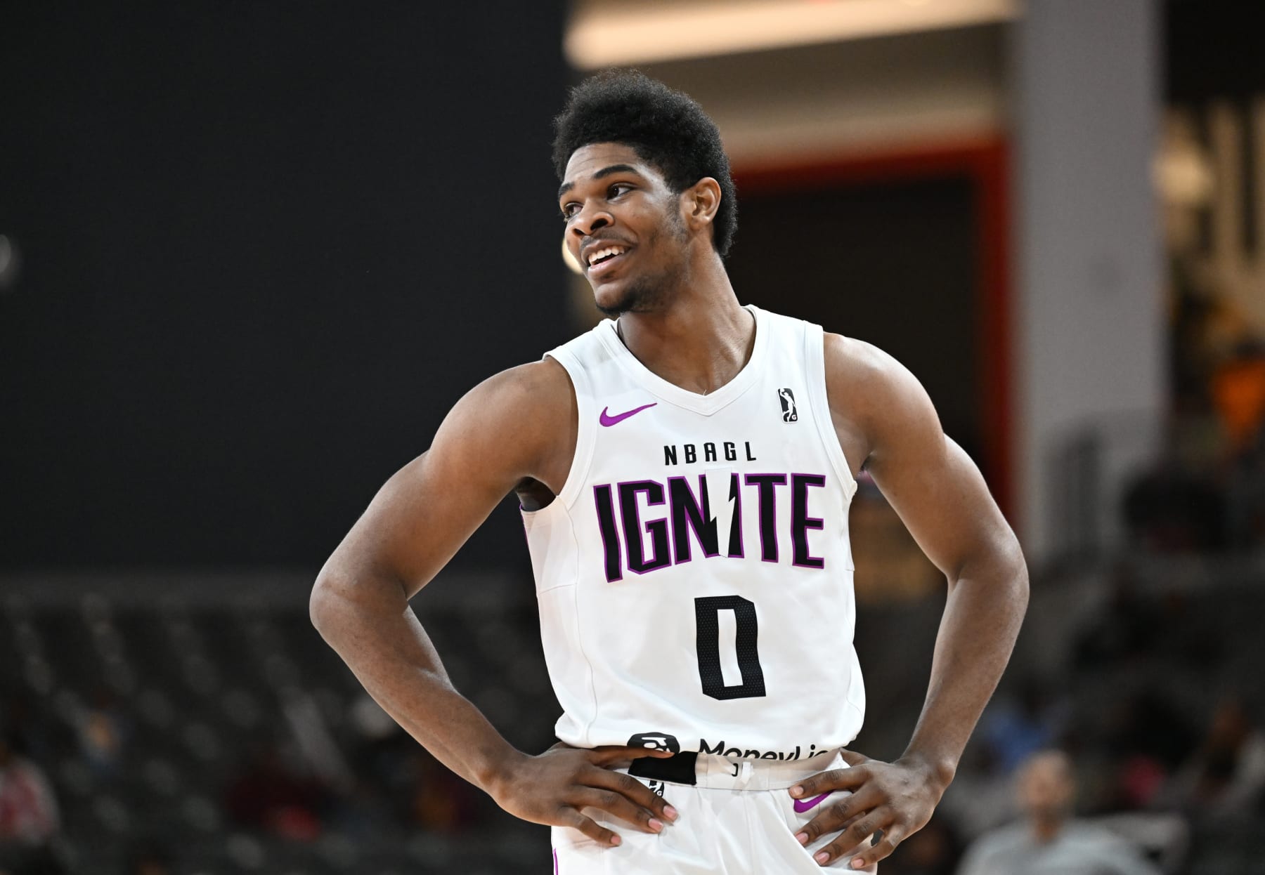 COLLEGE PARK, GA - MARCH 8th: Scoot Henderson #0 of the G-League Ignite reacts after a play against the College Park Skyhawks on March 8th, 2023 at Gateway Center Arena in College Park, Georgia. NOTE TO USER: User expressly acknowledges and agrees that, by downloading and or using this photograph, user is consenting to the terms and conditions of Getty Images License Agreement. Mandatory Copyright Notice: Copyright 2023 NBAE (Photo by Adam Hagy/NBAE via Getty Images)