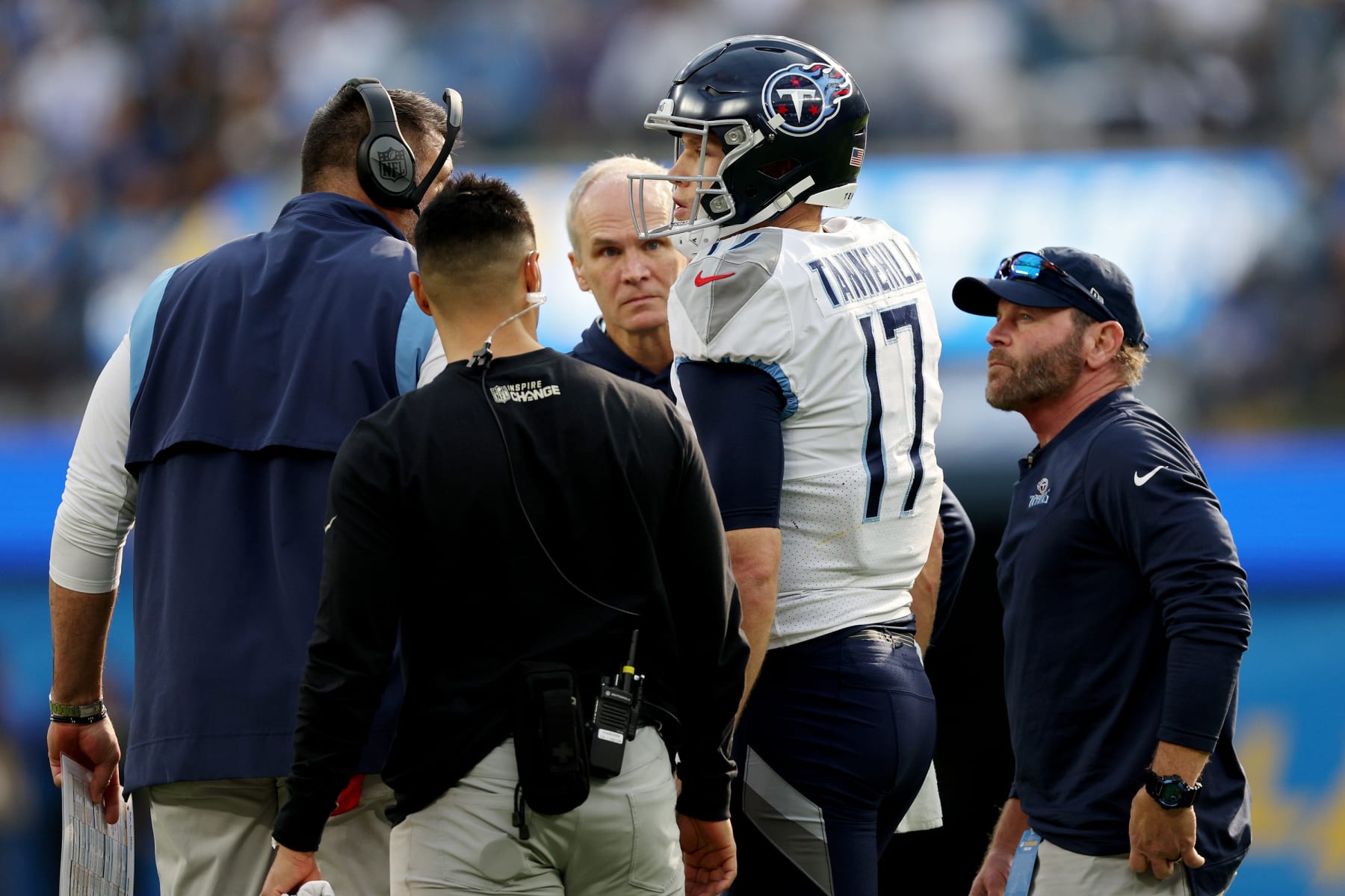 INGLEWOOD, CALIFORNIA - DECEMBER 18: Ryan Tannehill #17 of the Tennessee Titans walks off the field due to an injury during the second quarter of the game against the Los Angeles Chargers at SoFi Stadium on December 18, 2022 in Inglewood, California. (Photo by Harry How/Getty Images)