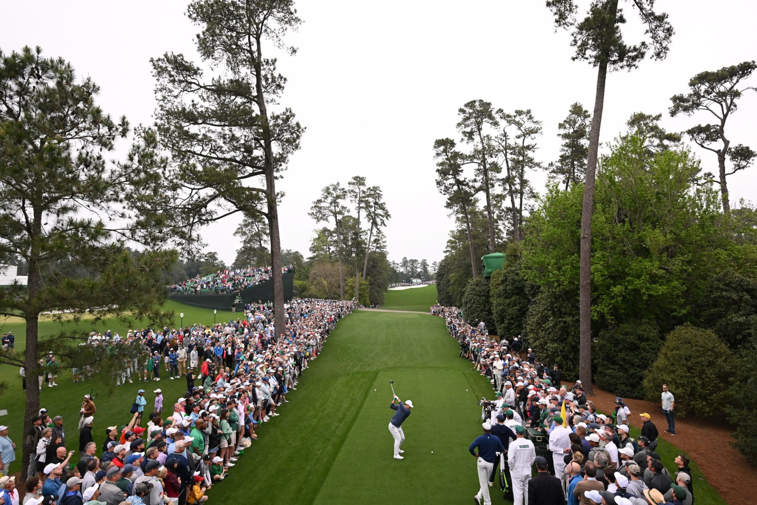 AUGUSTA, GEORGIA - APRIL 03: Tom Kim of South Korea plays his shot from the 18th tee during a practice round prior to the 2023 Masters Tournament at Augusta National Golf Club on April 03, 2023 in Augusta, Georgia. (Photo by Ross Kinnaird/Getty Images)