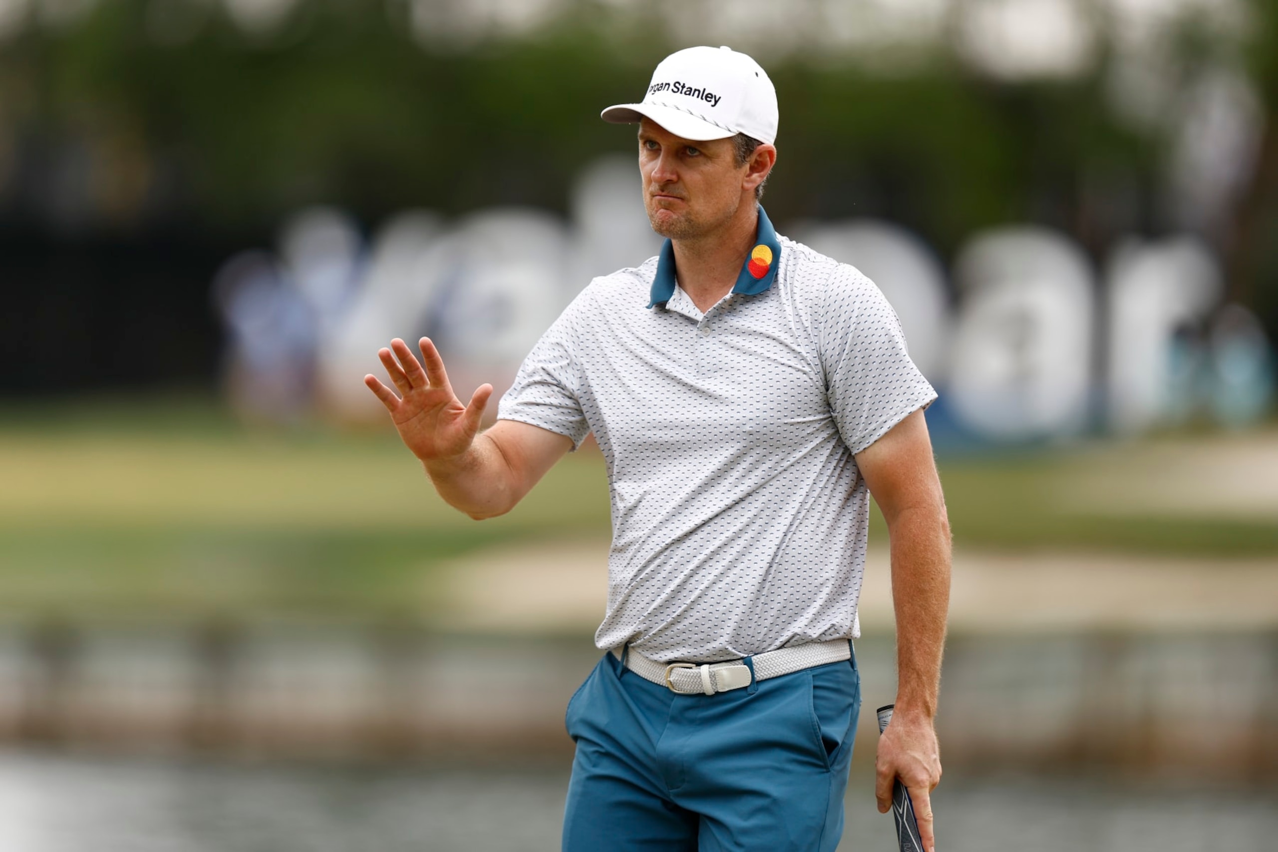 PALM HARBOR, FLORIDA - MARCH 18: Justin Rose of England reacts on the 12th green during the third round of the Valspar Championship at Innisbrook Resort and Golf Club on March 18, 2023 in Palm Harbor, Florida. (Photo by Douglas P. DeFelice/Getty Images)