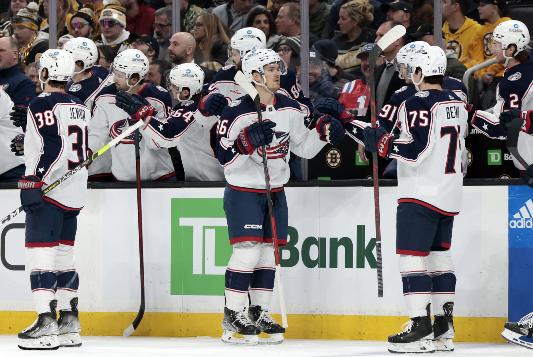 BOSTON, MA - MARCH 30: Columbus Blue Jackets center Jack Roslovic (96) skates past the bench after scoring during a game between the Boston Bruins and the Columbus Blue Jackets on March 30, 2023, at TD Garden in Boston, Massachusetts. (Photo by Fred Kfoury III/Icon Sportswire via Getty Images)