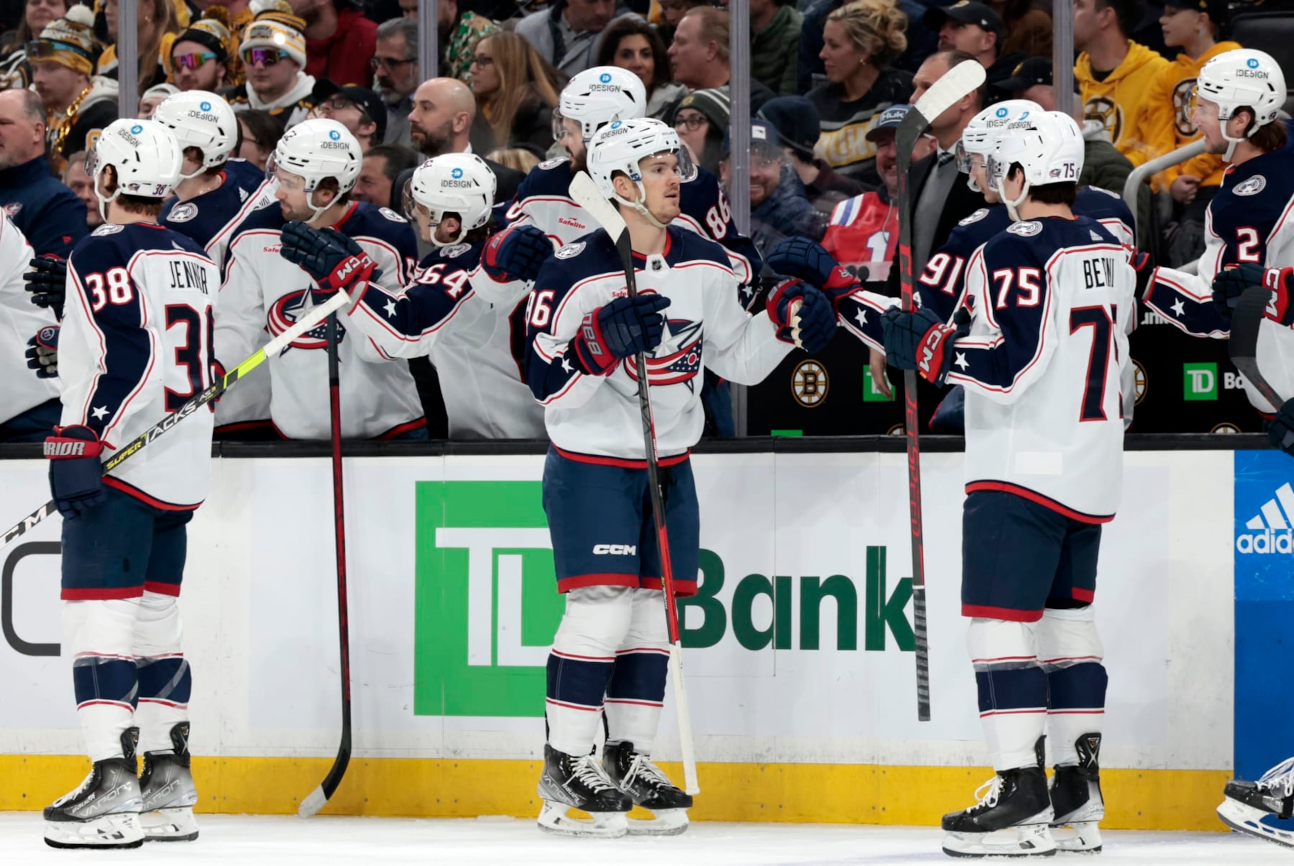 BOSTON, MA - MARCH 30: Columbus Blue Jackets center Jack Roslovic (96) skates past the bench after scoring during a game between the Boston Bruins and the Columbus Blue Jackets on March 30, 2023, at TD Garden in Boston, Massachusetts. (Photo by Fred Kfoury III/Icon Sportswire via Getty Images)