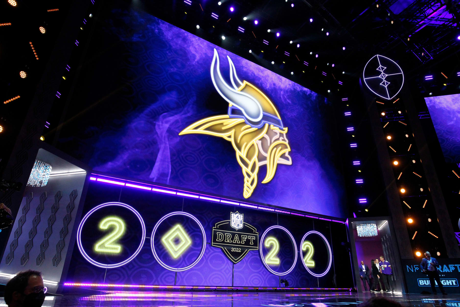 LAS VEGAS, NV - APRIL 28: General view of the Minnesota Vikings logo during the NFL Draft on April 28, 2022 in Las Vegas, Nevada. (Photo by Jeff Speer/Icon Sportswire via Getty Images)