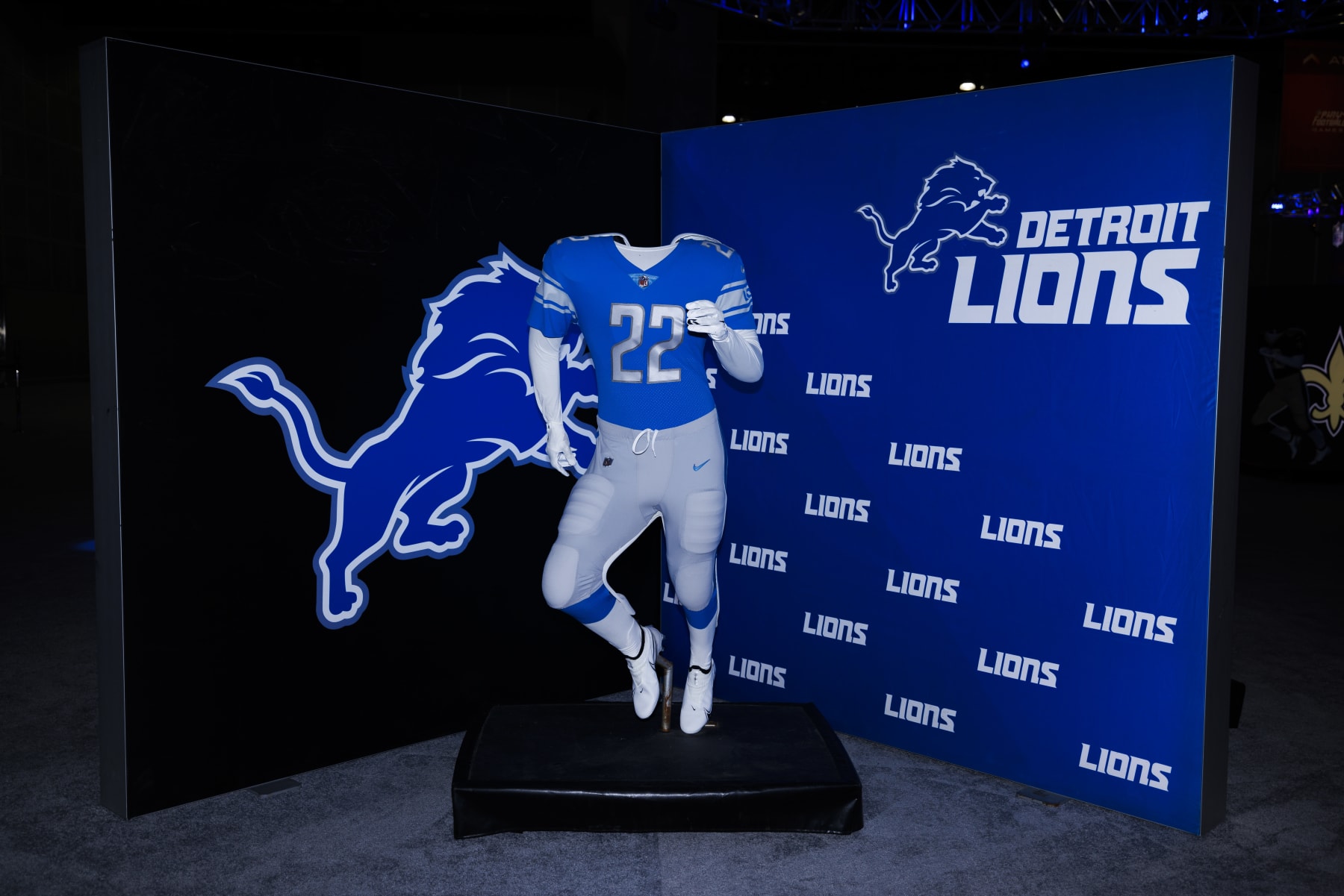 LOS ANGELES, CA - FEBRUARY 08: Detail view of the Detroit Lions uniform and logo seen at the Super Bowl Experience on February 08, 2022, at the Los Angeles Convention Center in Los Angeles, CA. (Photo by Ric Tapia/Icon Sportswire via Getty Images)