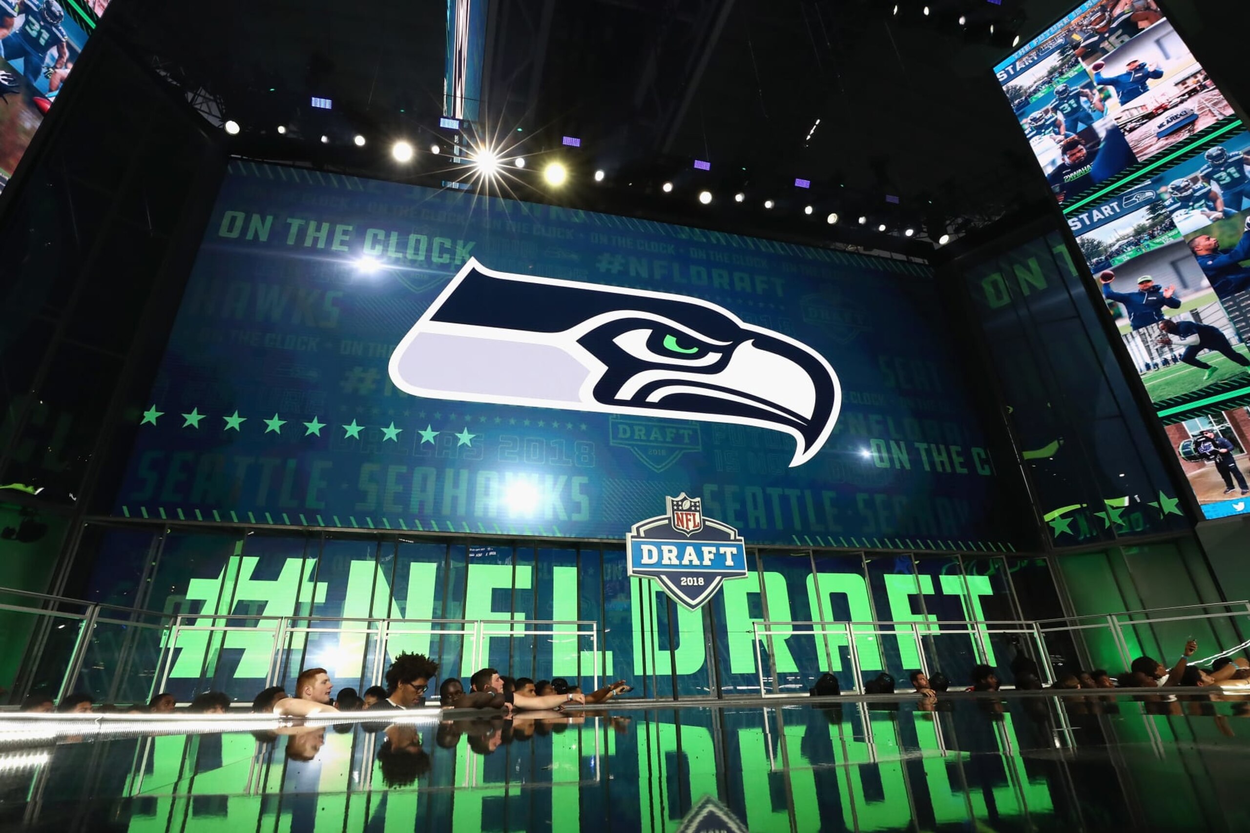 ARLINGTON, TX - APRIL 26:  The Seattle Seahawks logo is seen on a video board during the first round of the 2018 NFL Draft at AT&T Stadium on April 26, 2018 in Arlington, Texas.  (Photo by Ronald Martinez/Getty Images)