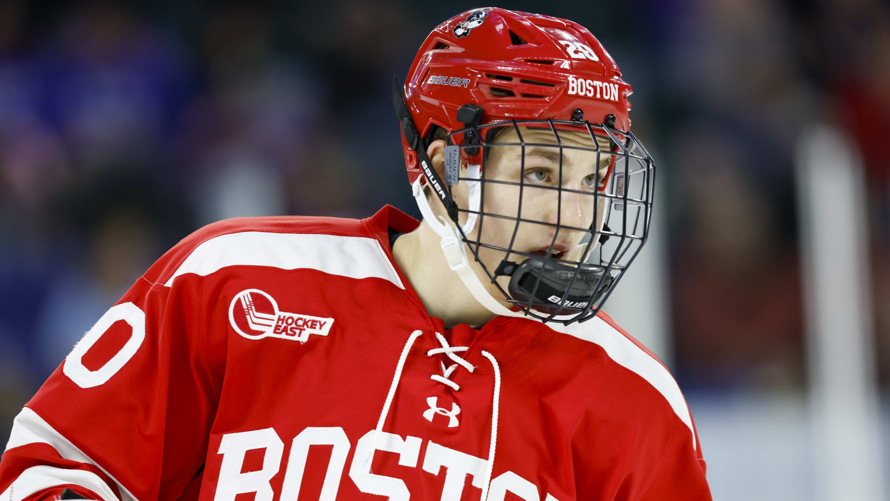 Boston University defenseman Lane Hutson (20) skates during the second period of an NCAA hockey game against UMass Lowell on Friday, Oct. 28, 2022, in Lowell, Mass. (AP Photo/Greg M. Cooper)