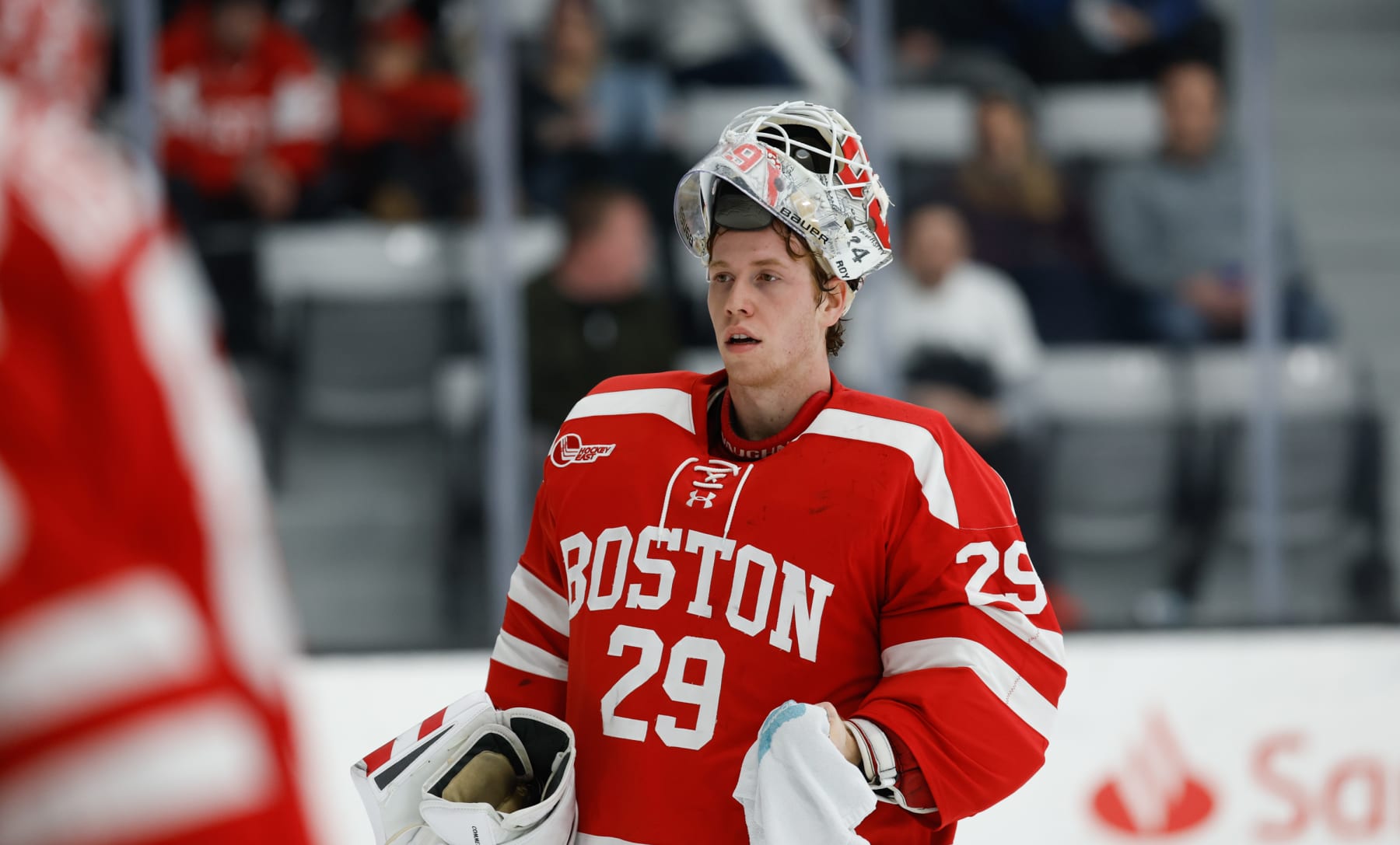 PROVIDENCE, RI - MARCH 4: Drew Commesso #29 of the Boston University Terriers tends goal against the Providence College Friars during an NCAA hockey game at the Schneider Arena on March 4, 2023 in Providence, Rhode Island. The Terriers won 2-0. (Photo by Richard T Gagnon/Getty Images)