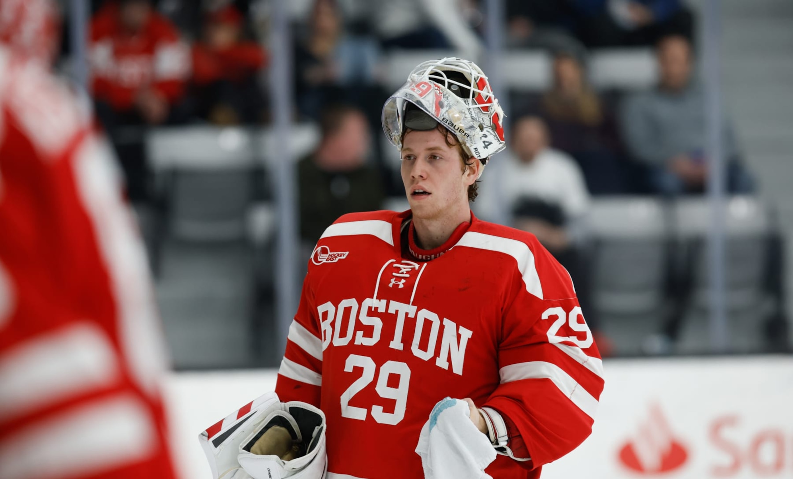 PROVIDENCE, RI - MARCH 4: Drew Commesso #29 of the Boston University Terriers tends goal against the Providence College Friars during an NCAA hockey game at the Schneider Arena on March 4, 2023 in Providence, Rhode Island. The Terriers won 2-0. (Photo by Richard T Gagnon/Getty Images)