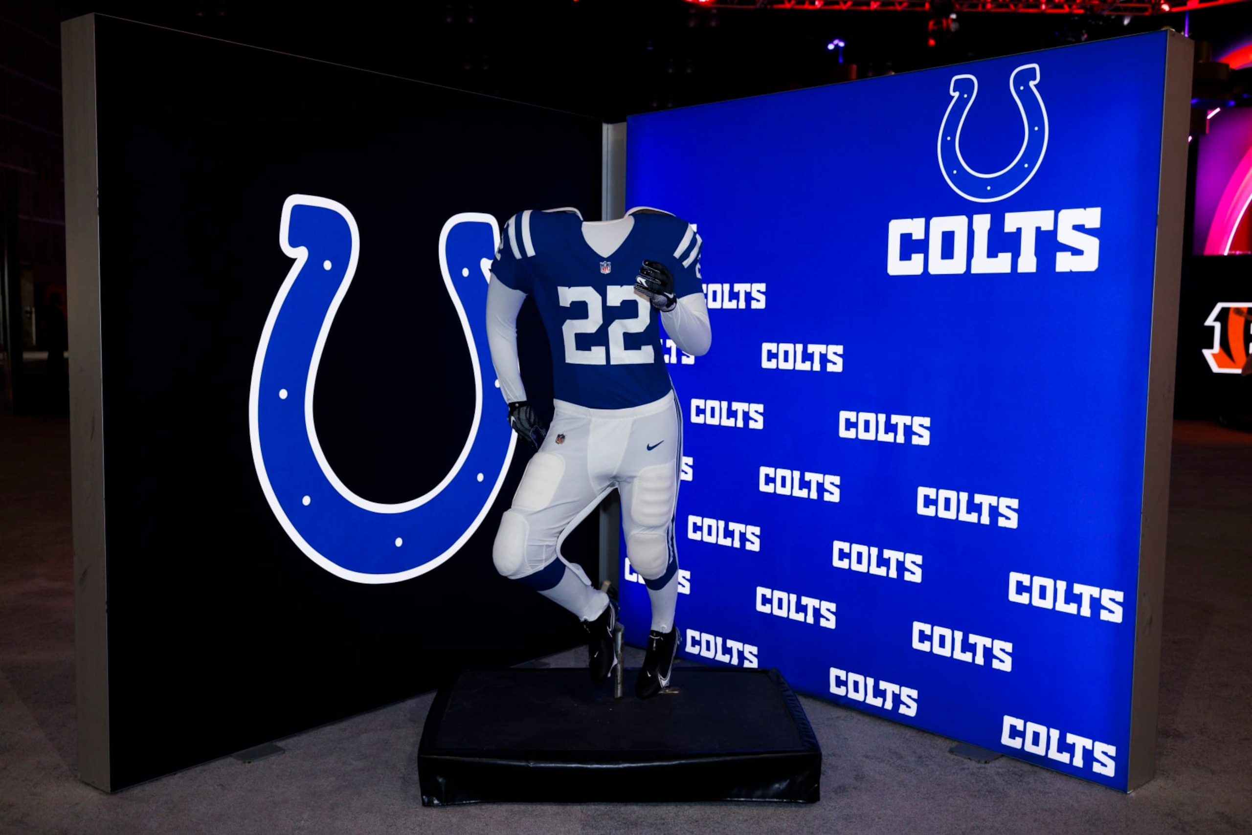 LOS ANGELES, CA - FEBRUARY 08: Detail view of the Indianapolis Colts uniform and logo seen at the Super Bowl Experience on February 08, 2022, at the Los Angeles Convention Center in Los Angeles, CA. (Photo by Ric Tapia/Icon Sportswire via Getty Images)