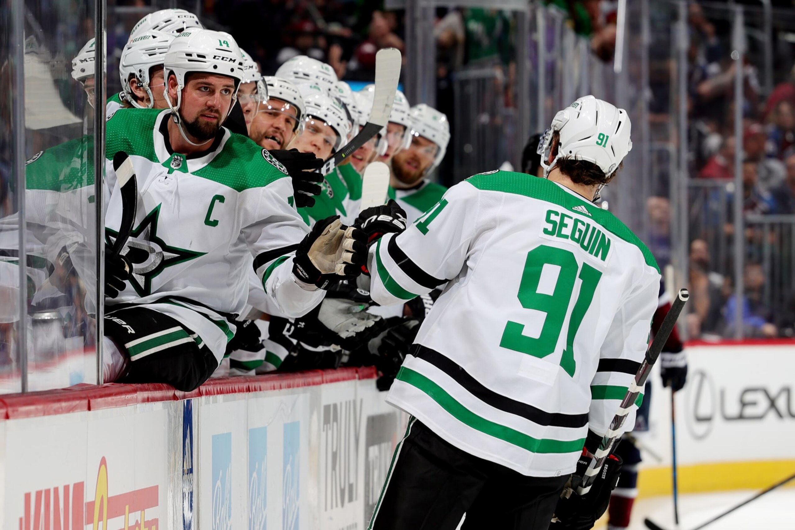 DENVER, COLORADO - APRIL 01: Tyler Seguin #91 of the Dallas Stars celebrates a goal against the Colorado Avalanche at Ball Arena on April 1, 2023 in Denver, Colorado. (Photo by Michael Martin/NHLI via Getty Images)