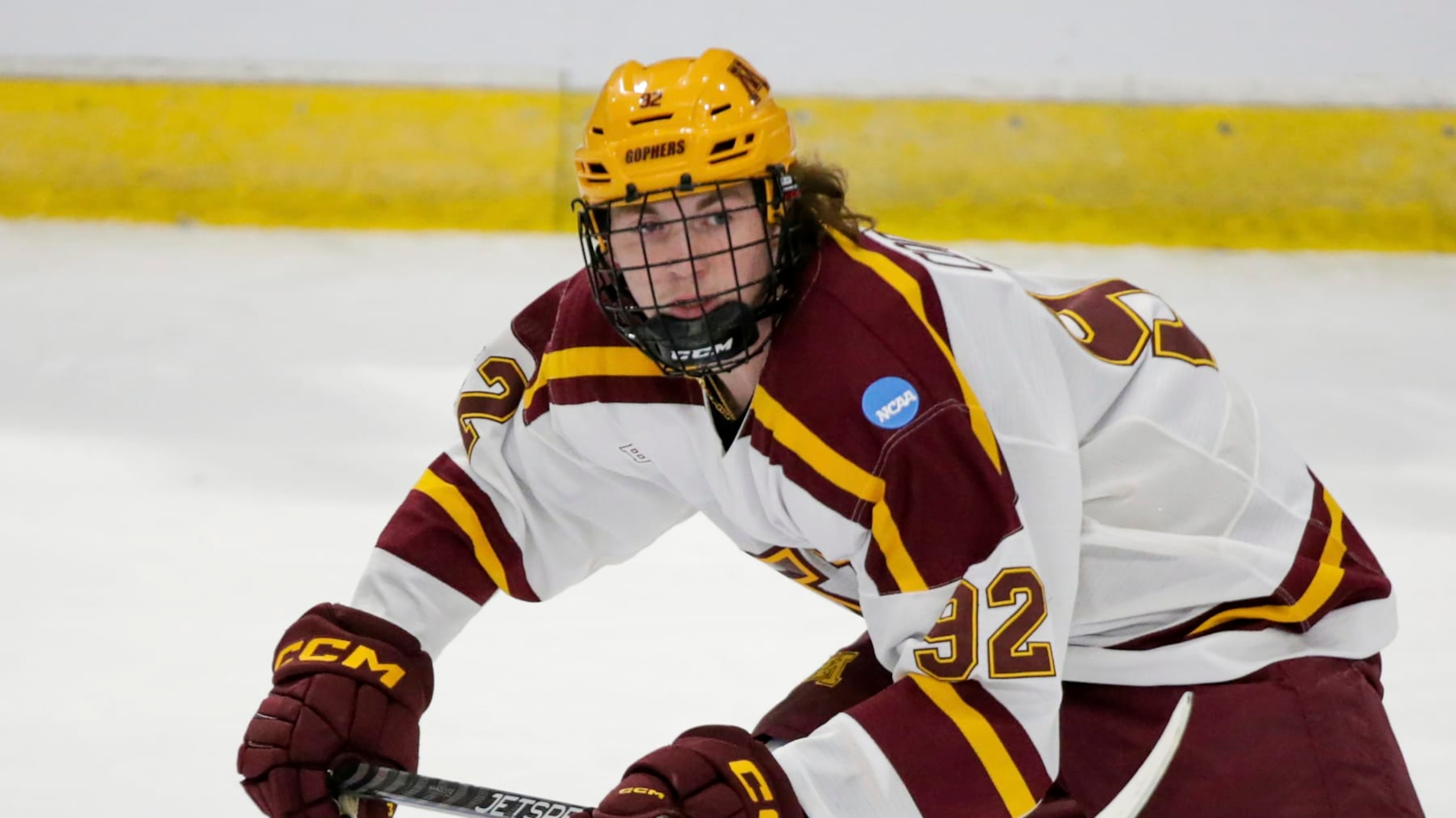 Minnesota forward Logan Cooley plays during an NCAA hockey game against the Canisius on Thursday, March 23, 2023 in Fargo, N.D. (AP Photo/Andy Clayton-King)