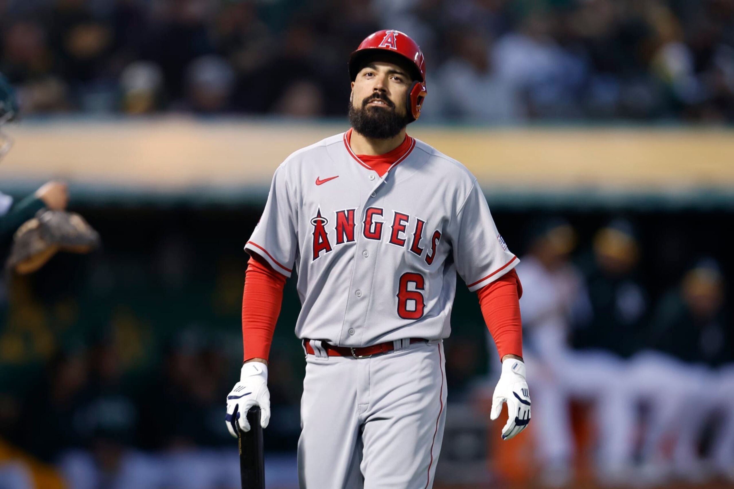 Los Angeles Angels third baseman Anthony Rendon (6) walks to the dugout against the Oakland Athletics during an opening day baseball game in Oakland, Calif., Thursday, March 30, 2023. (AP Photo/Jed Jacobsohn) Los Angeles Angels third baseman Anthony Rendon (6) walks to the dugout against the Oakland Athletics during an opening day baseball game in Oakland, Calif., Thursday, March 30, 2023. (AP Photo/Jed Jacobsohn)