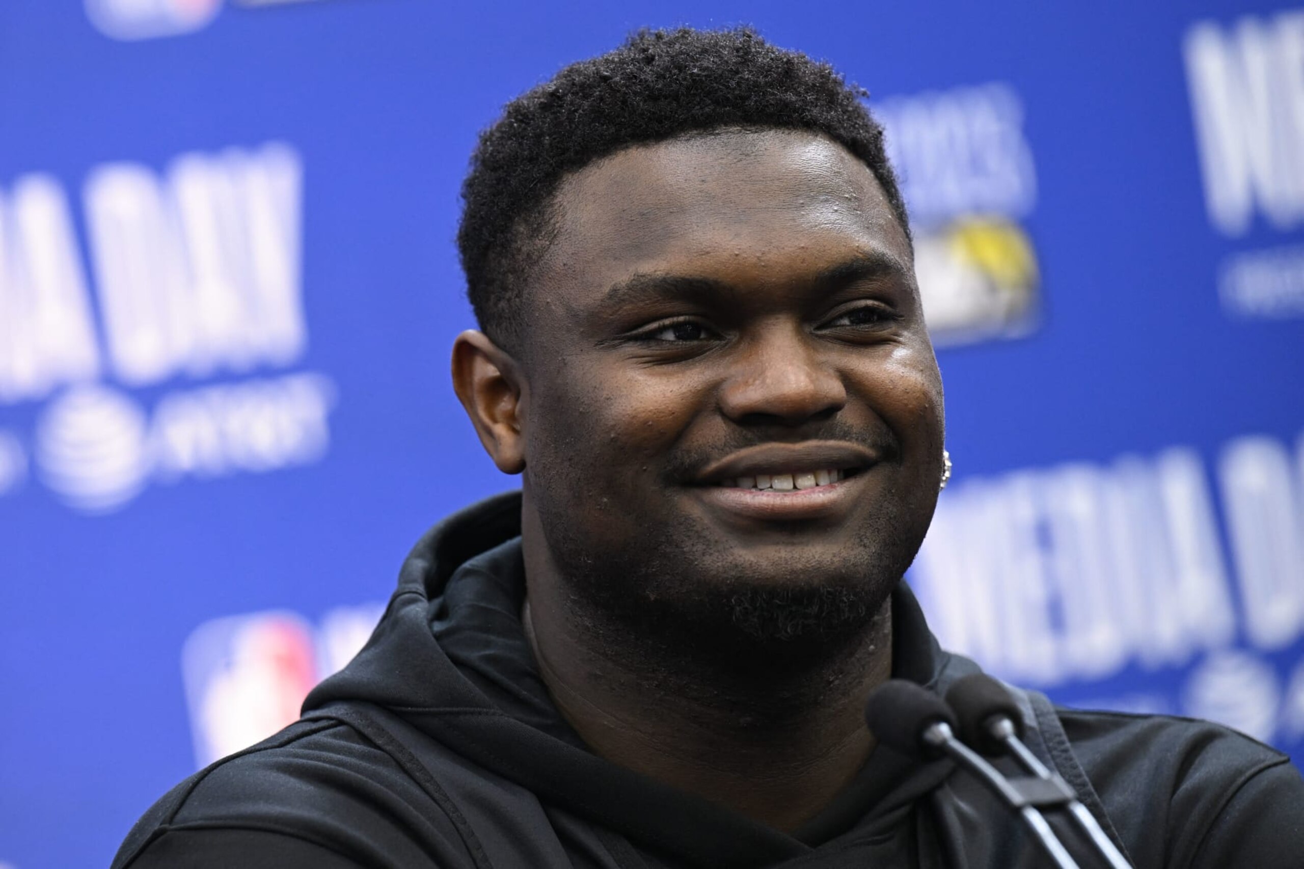 Zion Williamson, of the New Orleans Pelicans, speaks during a media availability as part of the 2023 NBA All-Star Weekend in Salt Lake City, Utah, on February 18, 2023. (Photo by Patrick T. Fallon / AFP) (Photo by PATRICK T. FALLON/AFP via Getty Images)